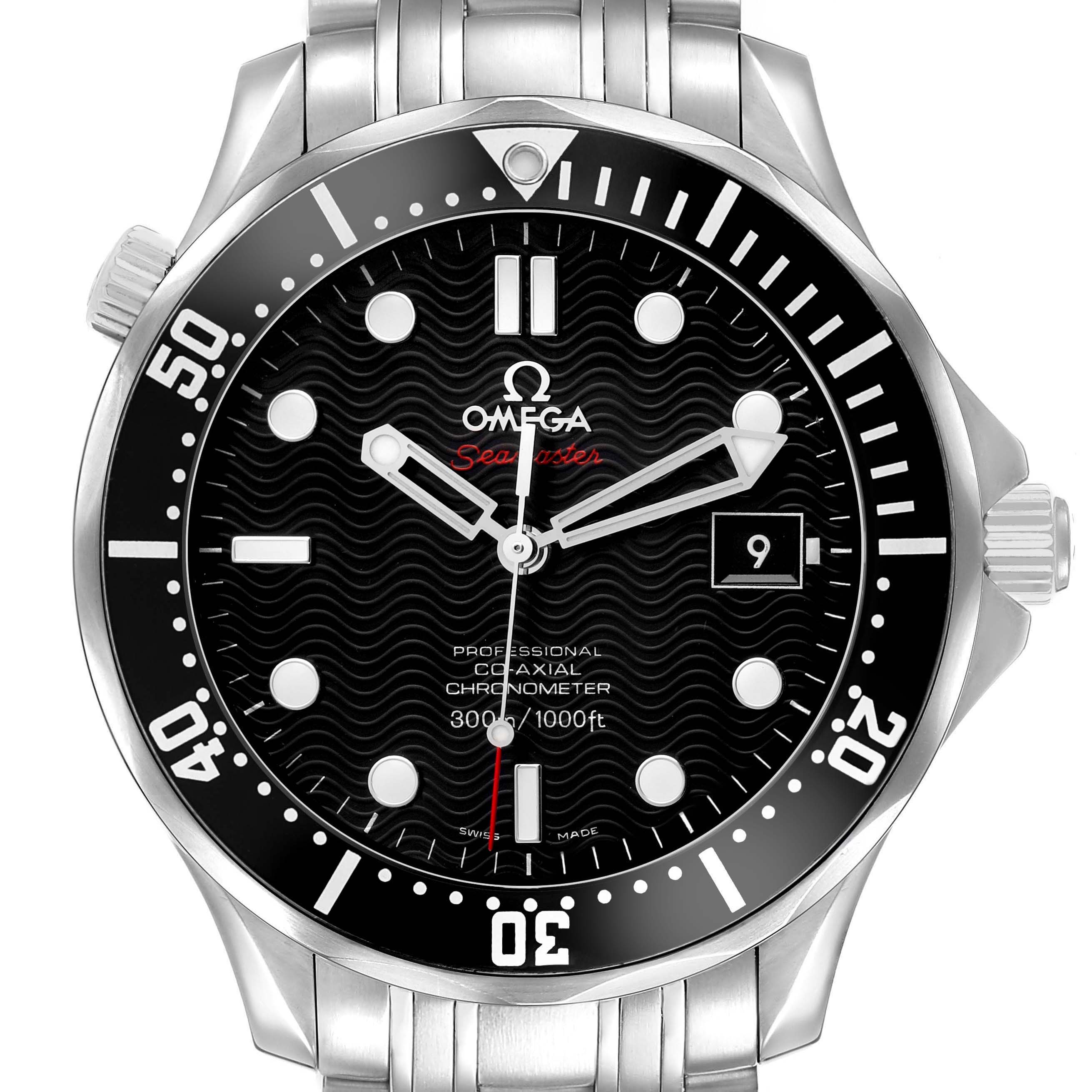 The image shows a front view of the Omega Seamaster 212.30.41.20.01.002 Men's Stainless Steel Black Dial watch, highlighting its dial, bezel, and bracelet.