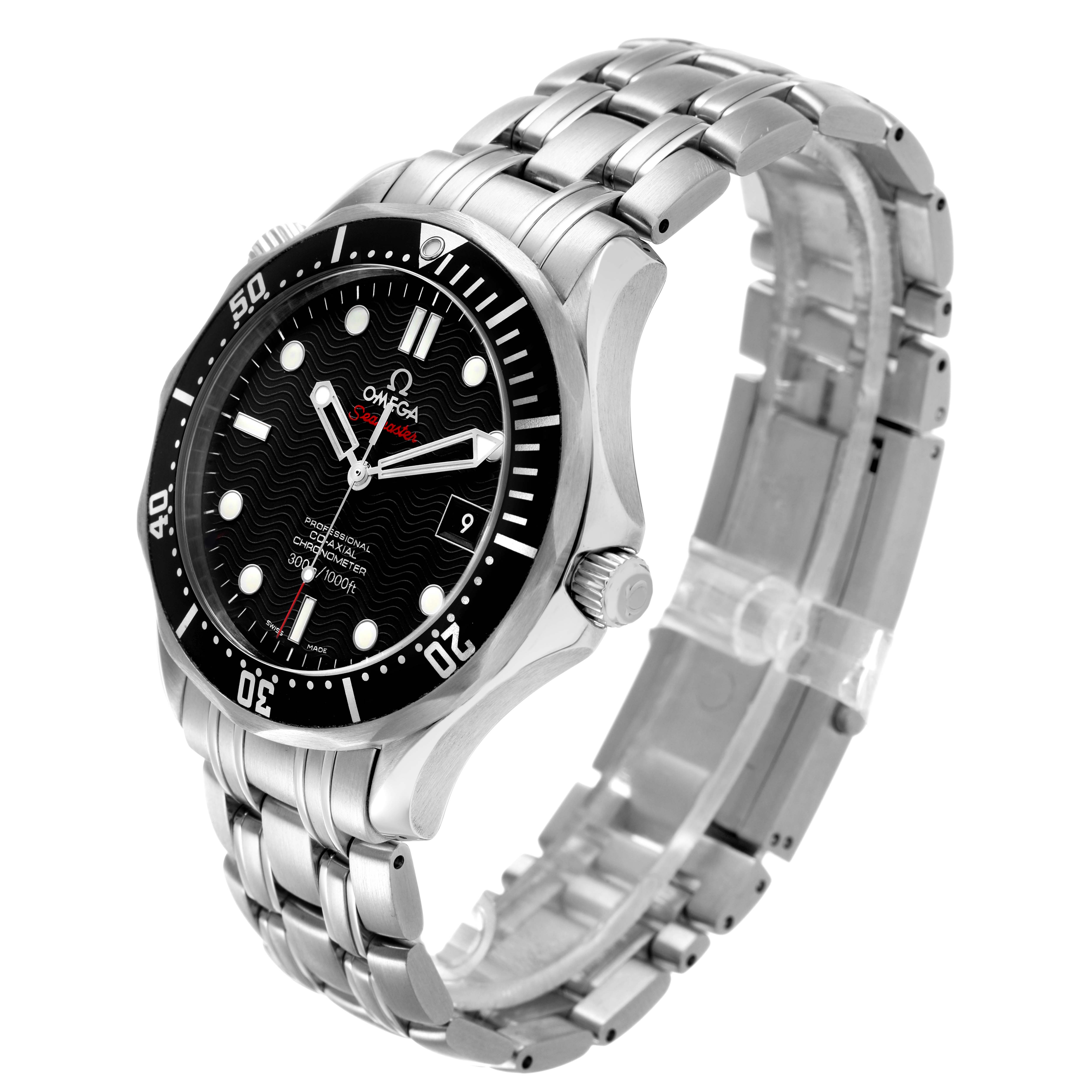 The Omega Seamaster 212.30.41.20.01.002 Men's Stainless Steel Black Dial watch is shown at a tilted angle, highlighting the face, bezel, crown, and bracelet.