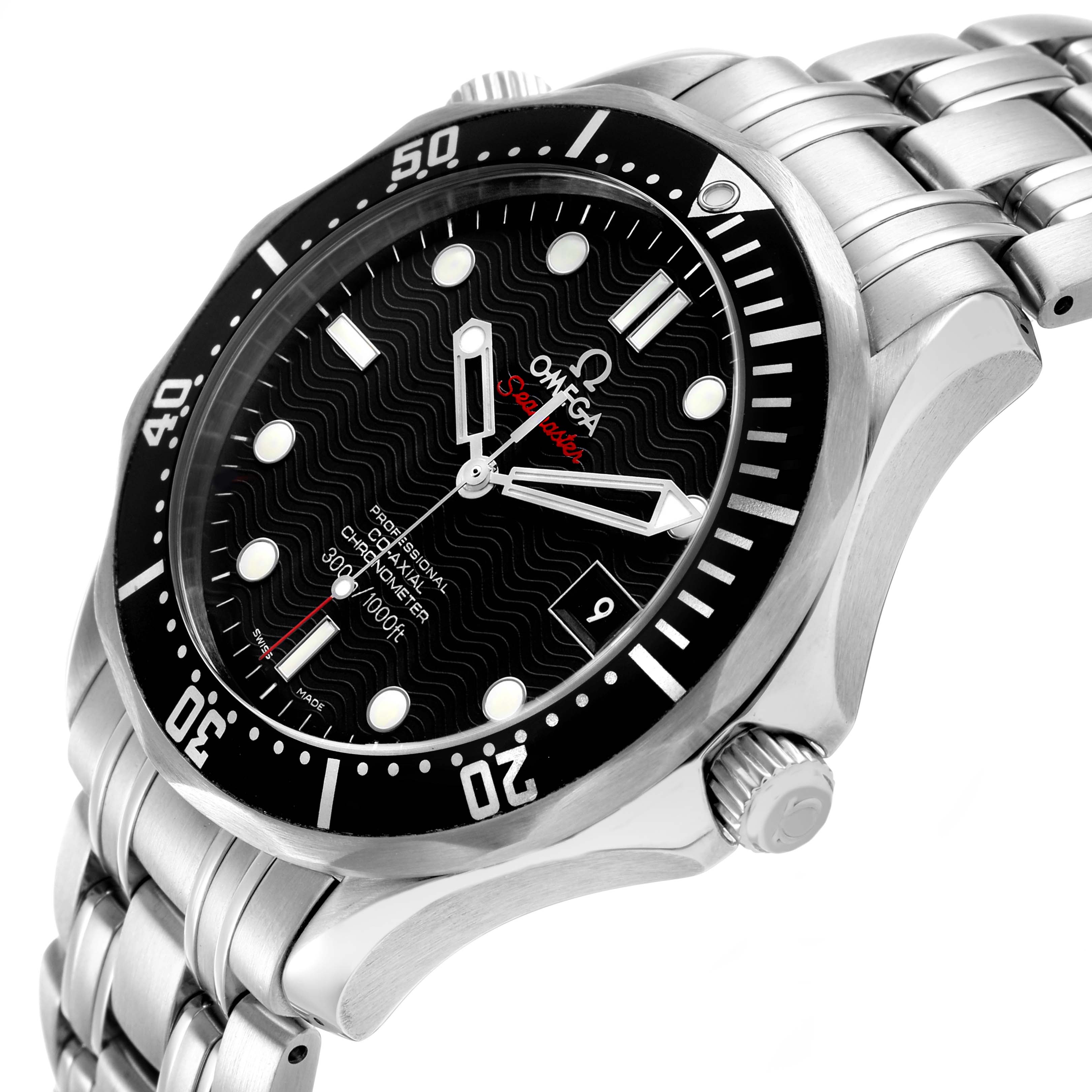 The Omega Seamaster 212.30.41.20.01.002 Men's Stainless Steel Black Dial watch is shown at an angled side view, highlighting the bezel, dial, bracelet, and crown.