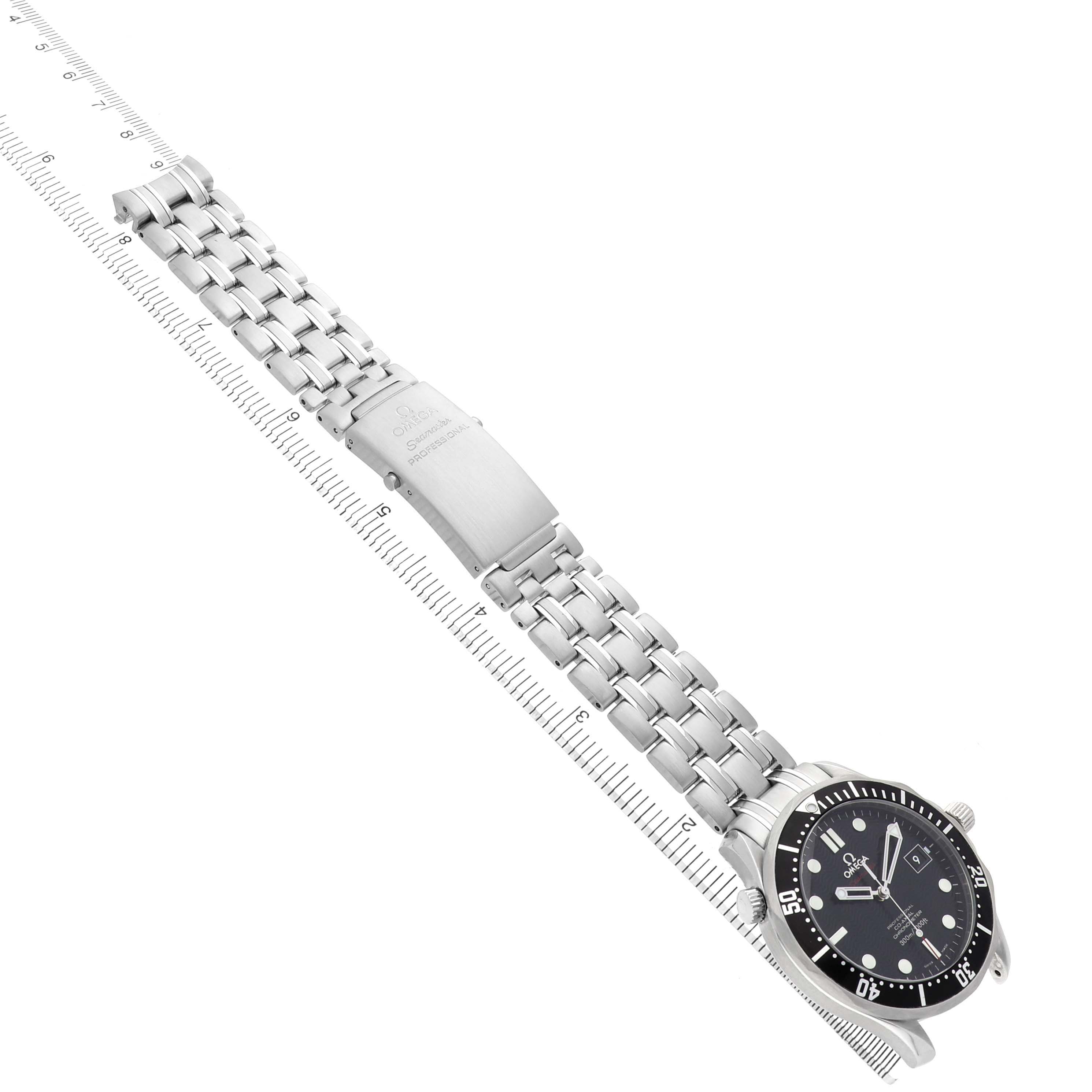 The image shows an Omega Seamaster 212.30.41.20.01.002 Men's Stainless Steel Black Dial watch at a diagonal angle, displaying the full metal bracelet, clasp, and watch face.