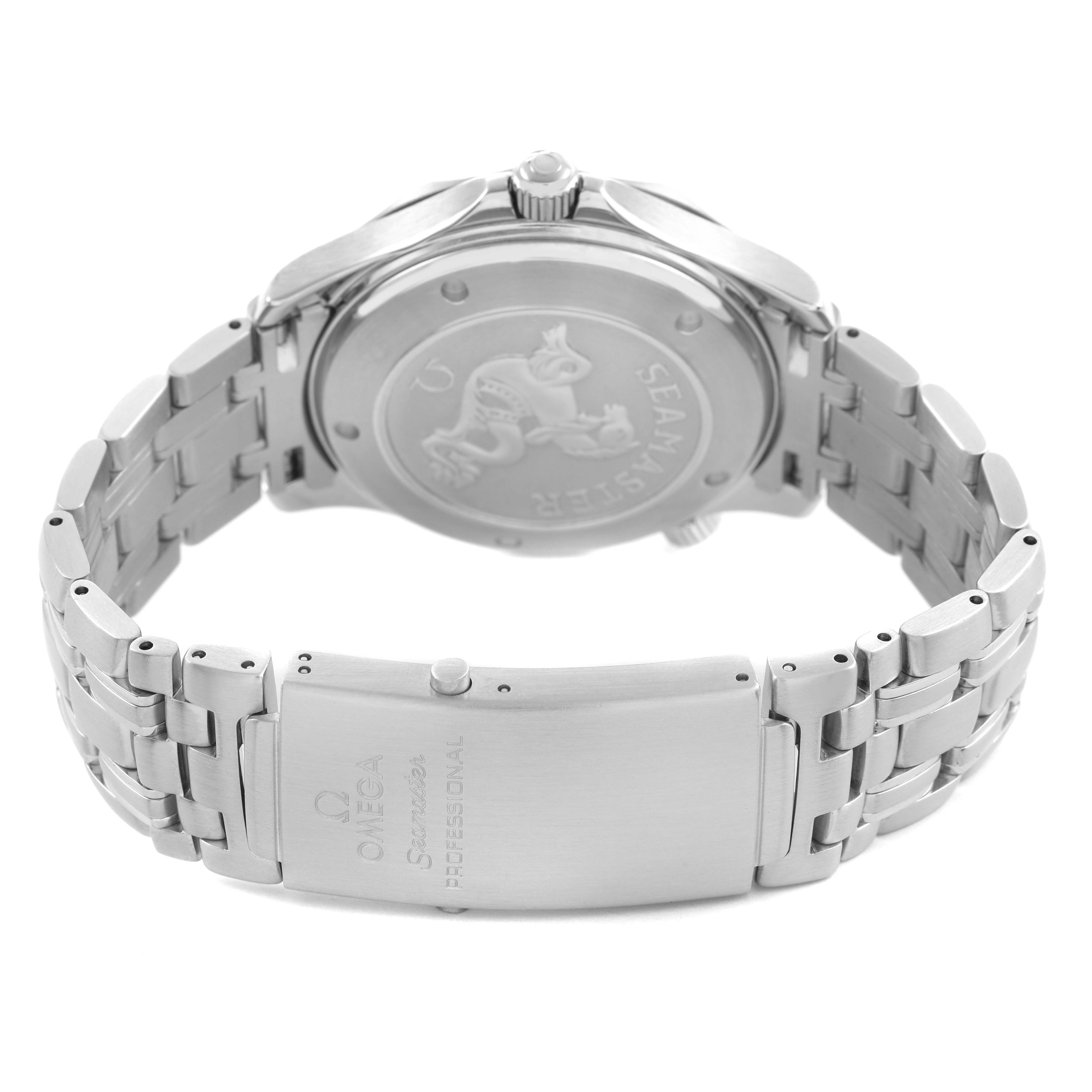 The image shows the back case and bracelet clasp of an Omega Seamaster 212.30.41.20.01.002 Men's Stainless Steel Black Dial watch, emphasizing its polished stainless steel.