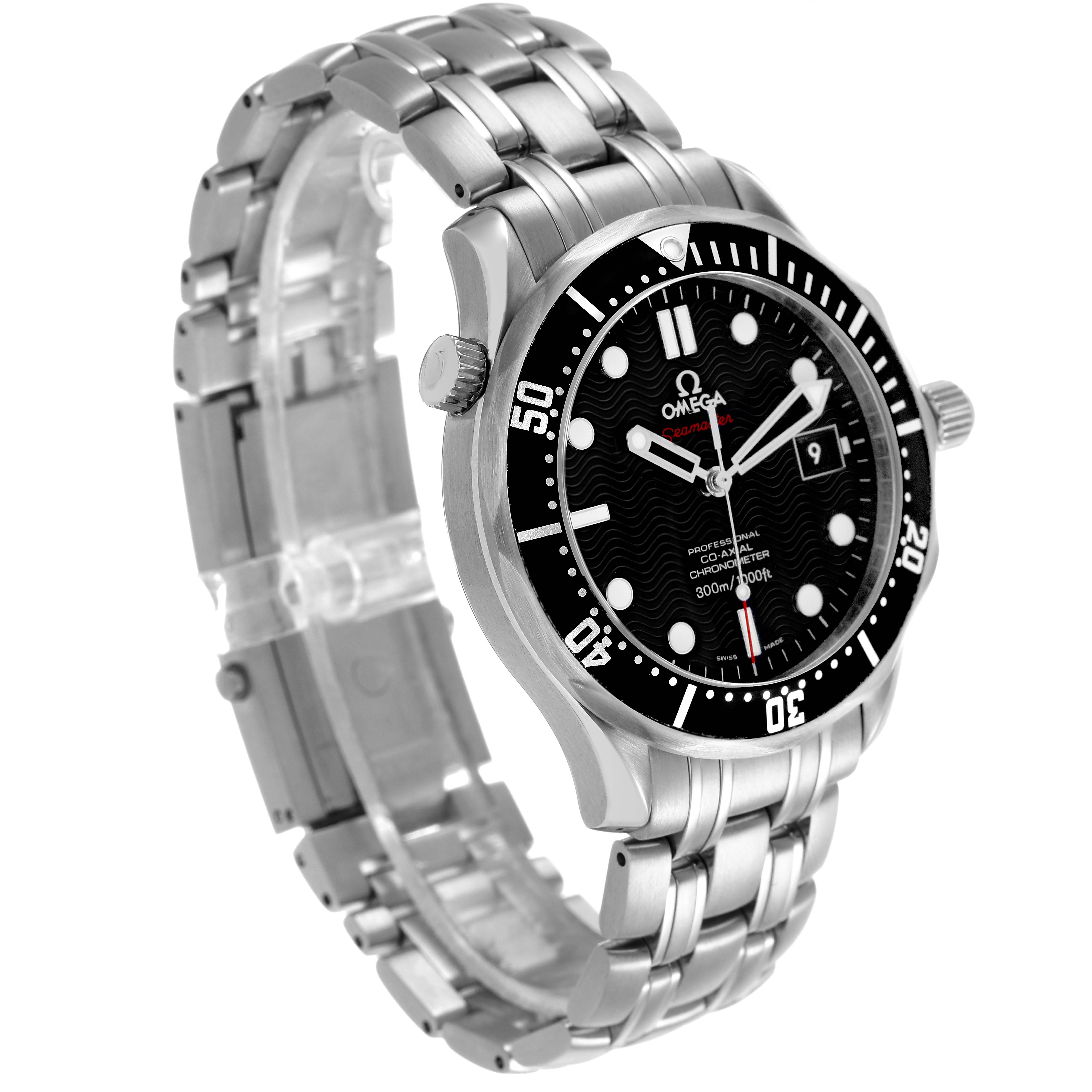 The Omega Seamaster 212.30.41.20.01.002 Men's Stainless Steel Black Dial watch is shown at a three-quarter angle, highlighting its face, bezel, crown, and bracelet.