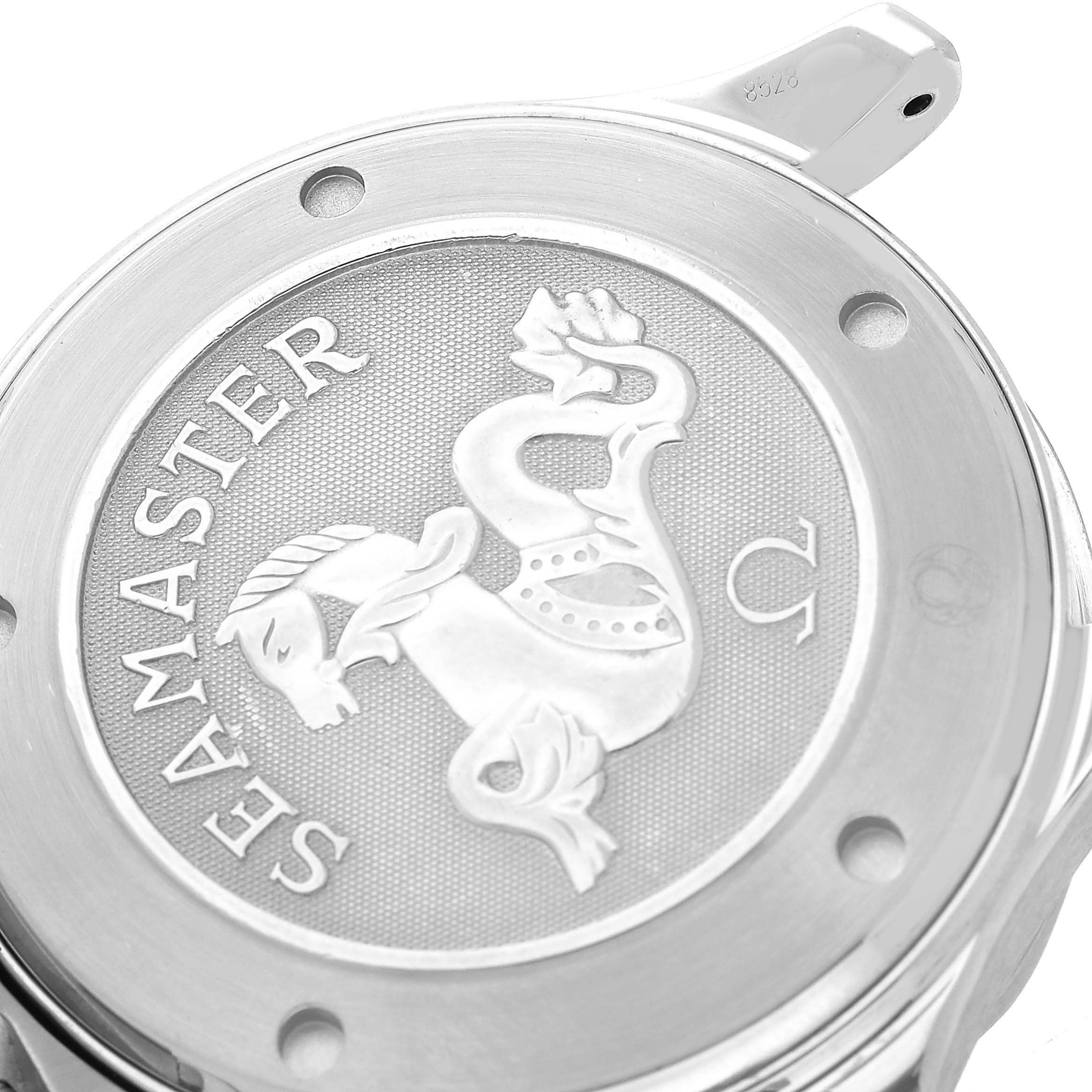 The image shows the back case of an Omega Seamaster 212.30.41.20.01.002 Men's Stainless Steel Black Dial watch featuring the engraved logo.