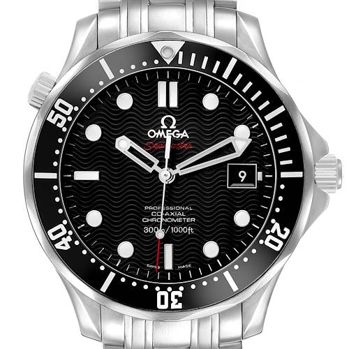 The Omega Seamaster 212.30.41.20.01.002 Men's Stainless Steel Black Dial watch is shown from a top-down angle, featuring the black wavy dial, bezel, and bracelet.