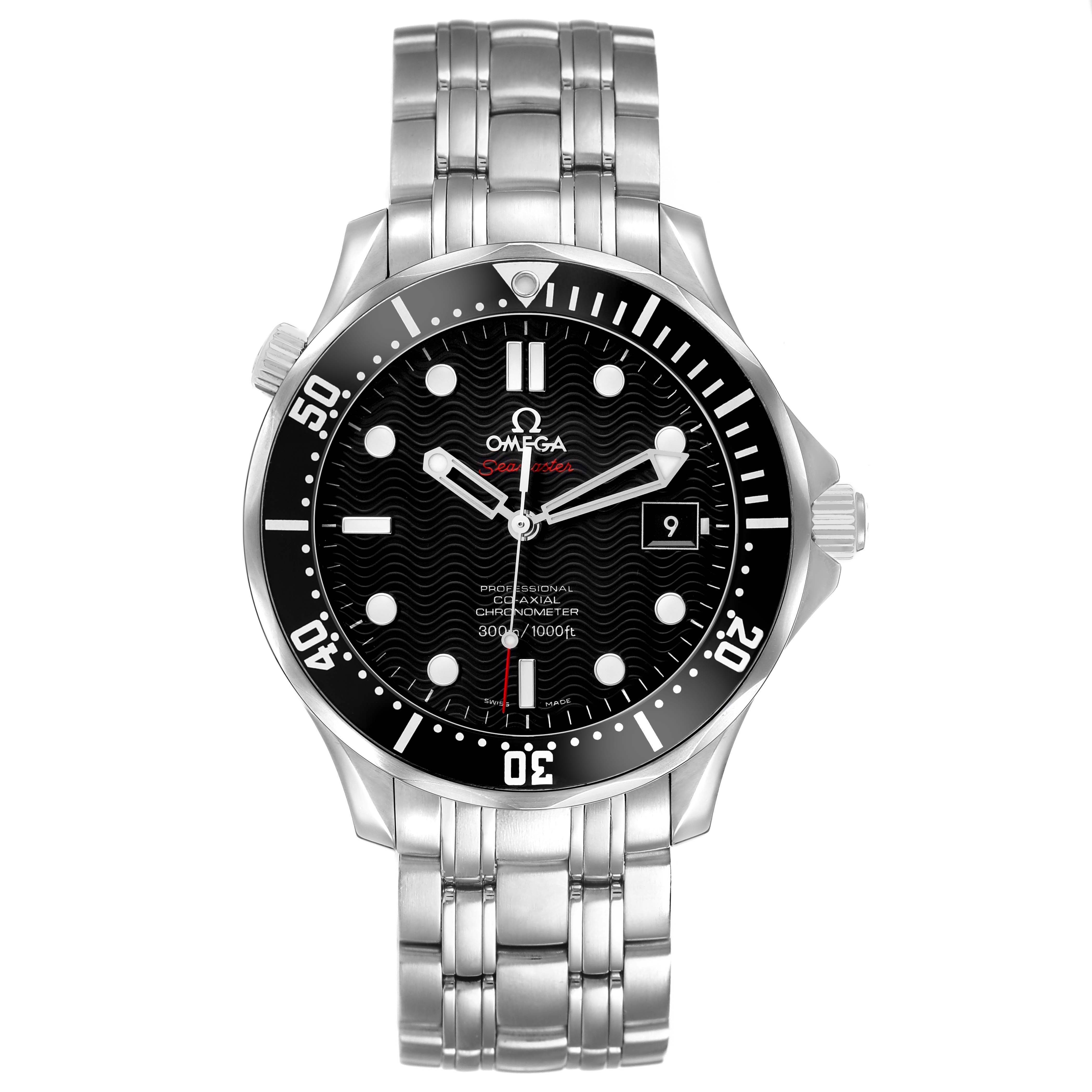 The Omega Seamaster 212.30.41.20.01.002 Men's Stainless Steel Black Dial watch is shown from a front angle, displaying the dial, bezel, crown, and bracelet.