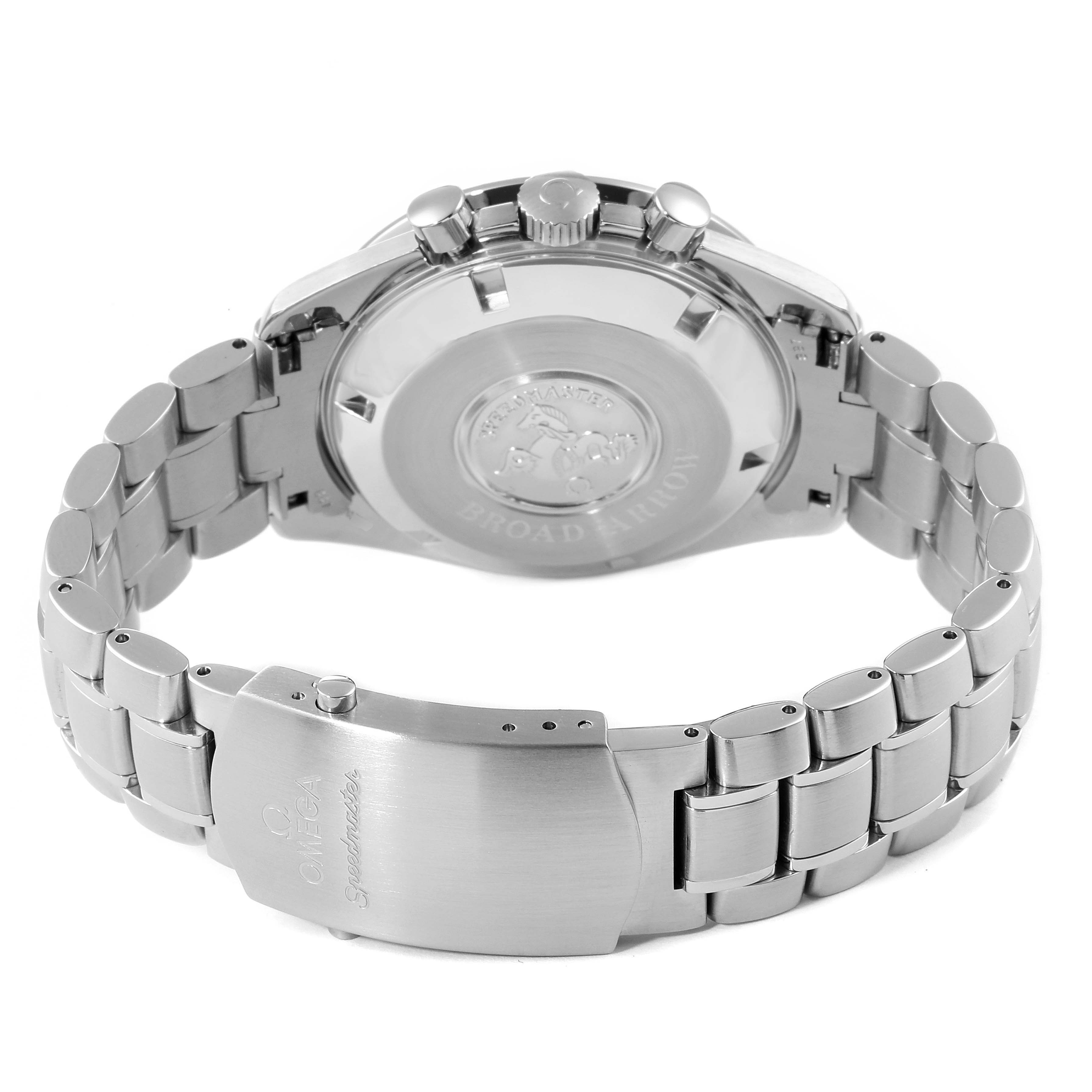 The image shows the Omega Speedmaster 3551.20.00 Men's Stainless Steel White Dial 3551.20.00 Men's Stainless Steel White Dial watch from a rear angle, highlighting its case back, bracelet, clasp, and pushers.
