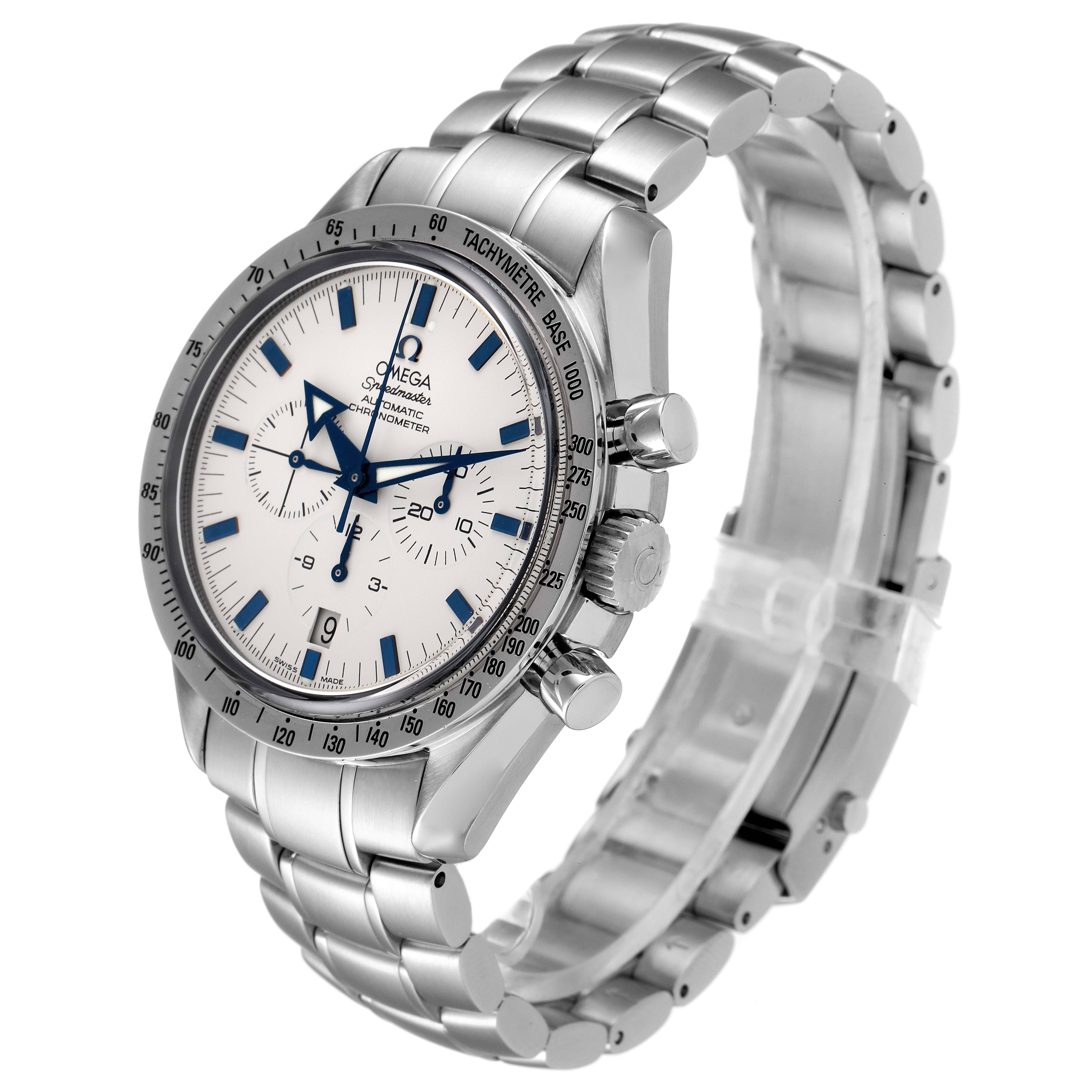 The Omega Speedmaster 3551.20.00 Men's Stainless Steel White Dial 3551.20.00 Men's Stainless Steel White Dial watch is shown from an angled side view, displaying its face, bezel, crown, and stainless steel bracelet.