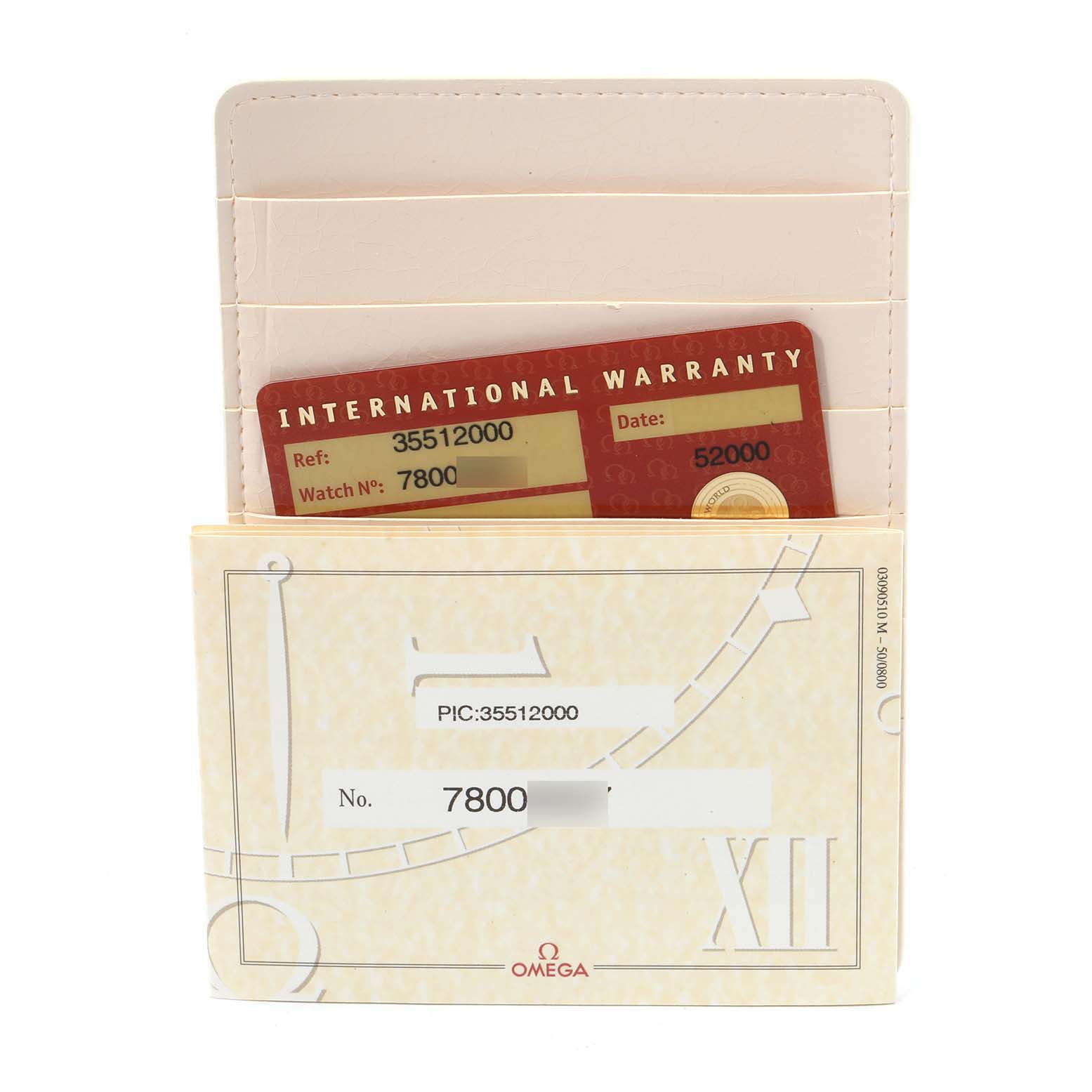 The image shows the warranty cards and holder for an Omega Speedmaster 3551.20.00 Men's Stainless Steel White Dial 3551.20.00 Men's Stainless Steel White Dial watch, viewed from the front.