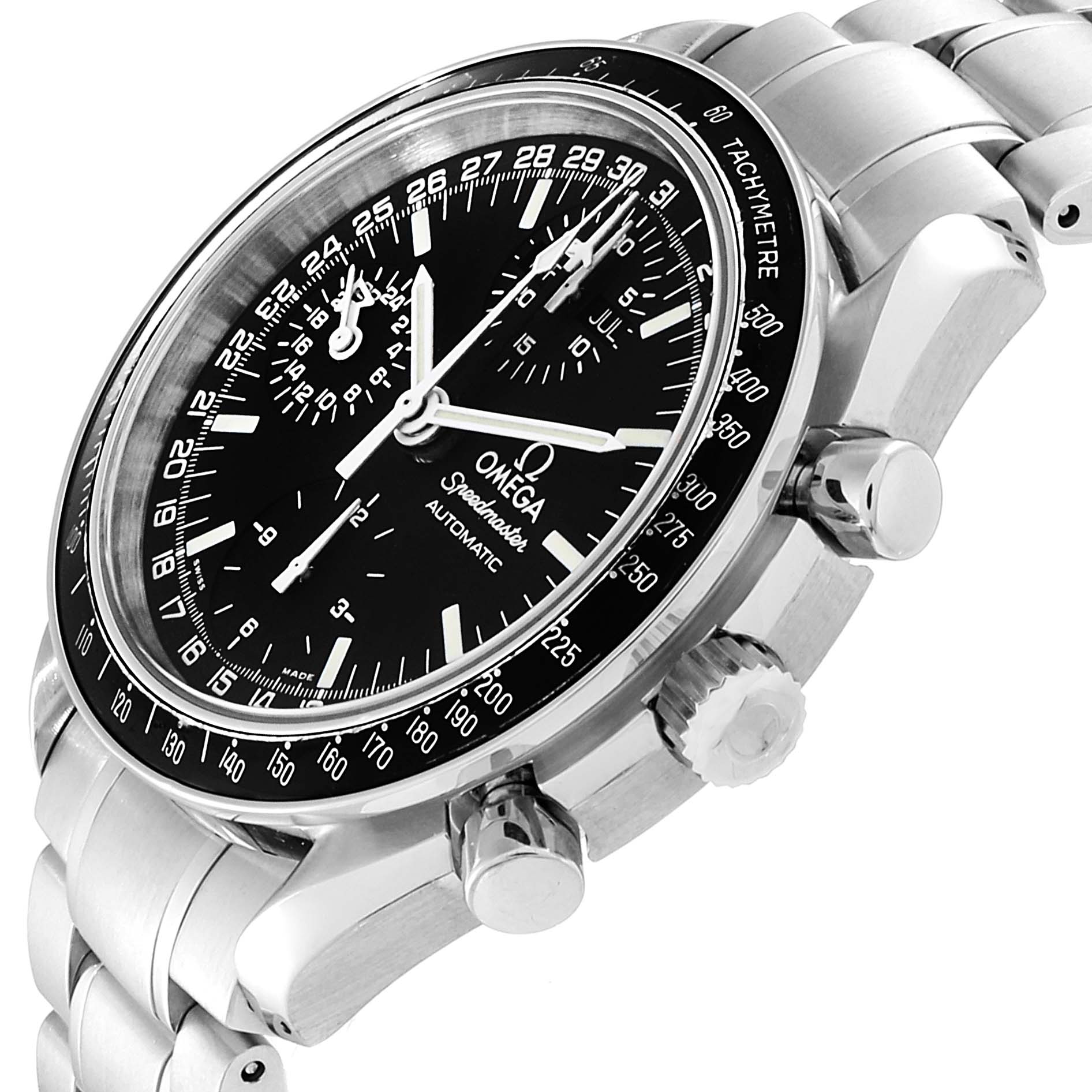The Omega Speedmaster 3520.50.00 Men
s Stainless Steel Black Dial 3520.50.00 Men
s Stainless Steel Black Dial watch is shown at an angle, highlighting the face, bezel, crown, pushers, and part of the bracelet.