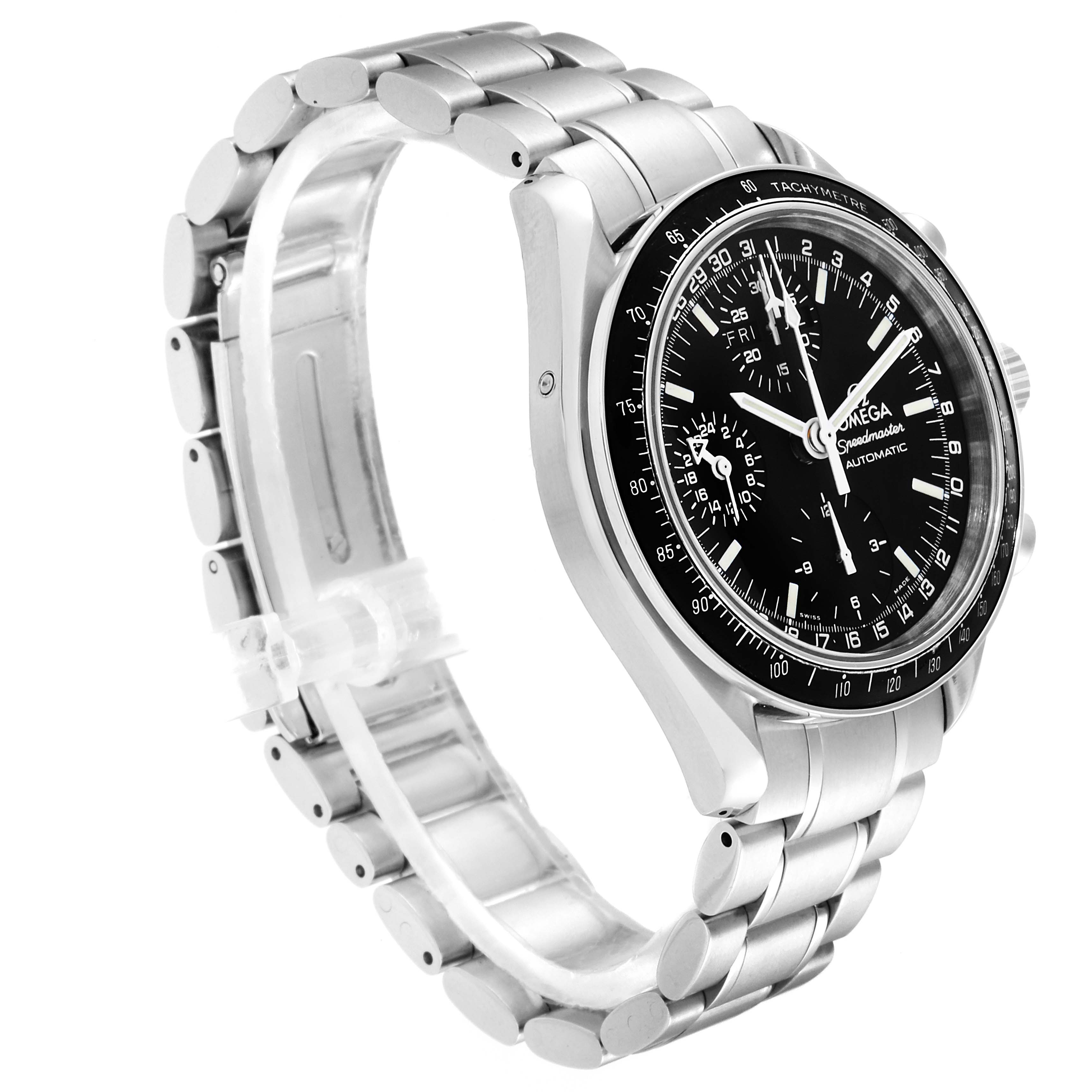The image shows a side-angle view of the Omega Speedmaster 3520.50.00 Men
s Stainless Steel Black Dial 3520.50.00 Men
s Stainless Steel Black Dial watch, highlighting the metal bracelet, case, and detailed black dial.