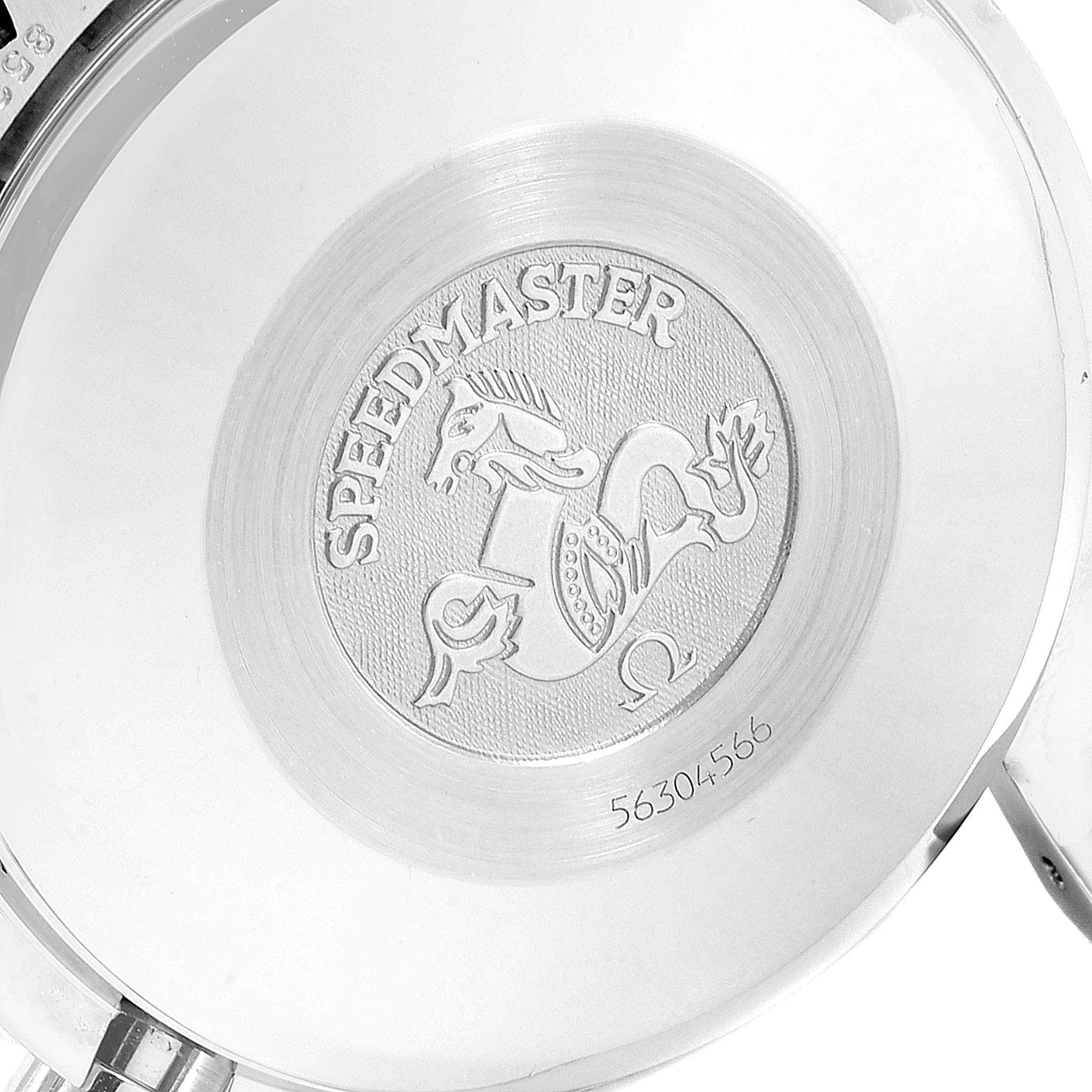 The image shows the engraved case back of an Omega Speedmaster 3520.50.00 Men
s Stainless Steel Black Dial 3520.50.00 Men
s Stainless Steel Black Dial watch.