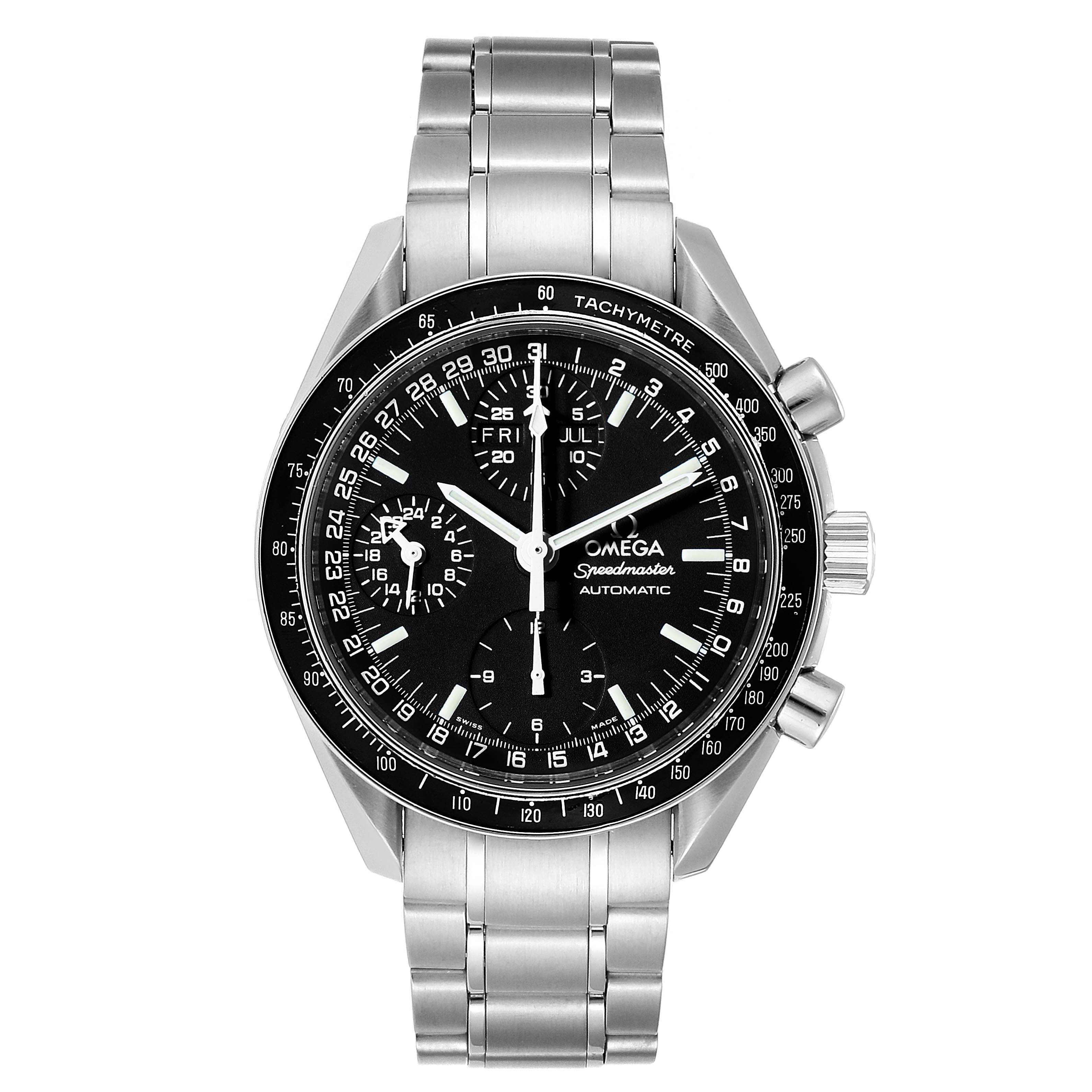 The image shows a front view of an Omega Speedmaster 3520.50.00 Men
s Stainless Steel Black Dial 3520.50.00 Men
s Stainless Steel Black Dial watch, highlighting the black dial, subdials, tachymeter bezel, and stainless steel bracelet.