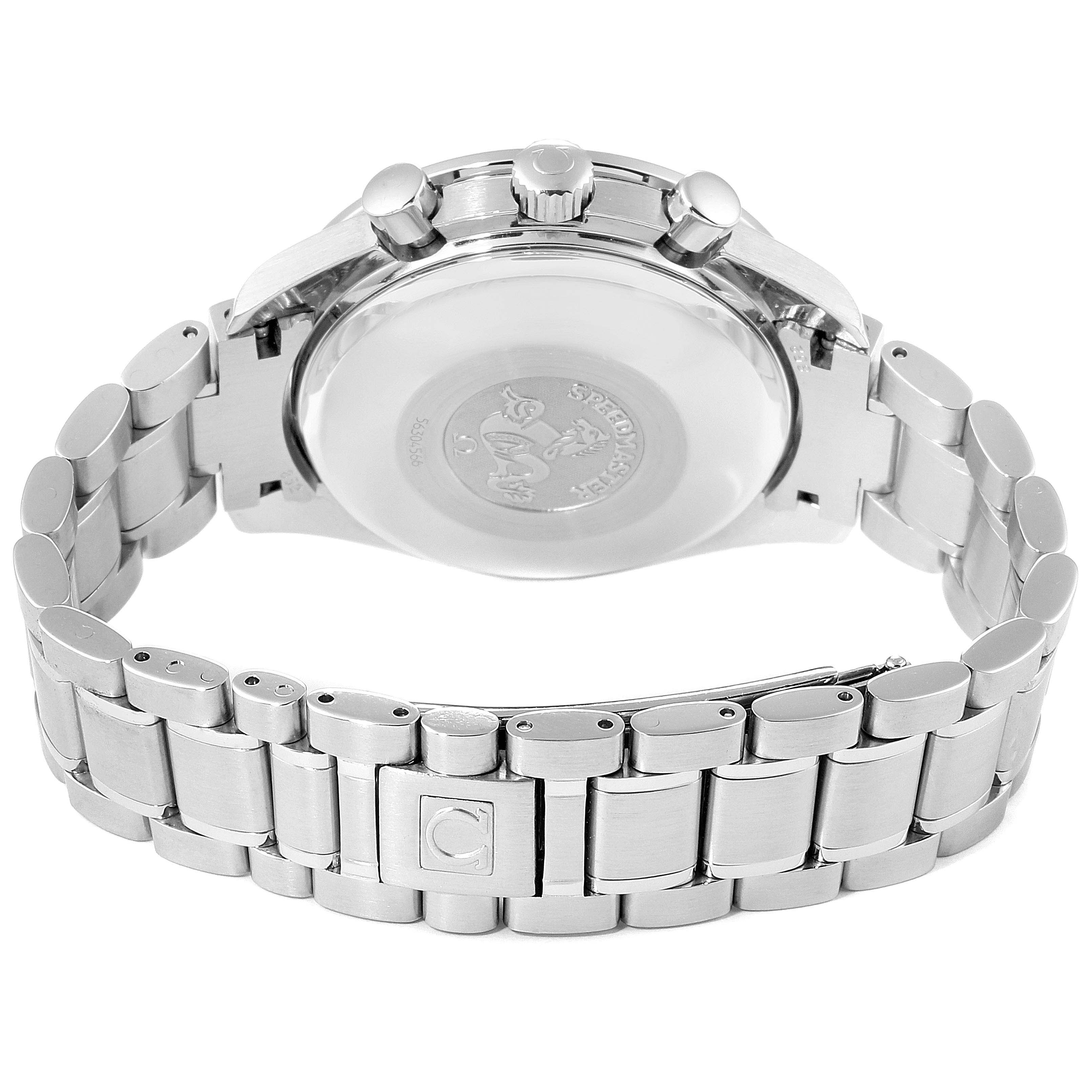 The image shows the back view of the Omega Speedmaster 3520.50.00 Men
s Stainless Steel Black Dial 3520.50.00 Men
s Stainless Steel Black Dial watch, highlighting the caseback, bracelet, and clasp.