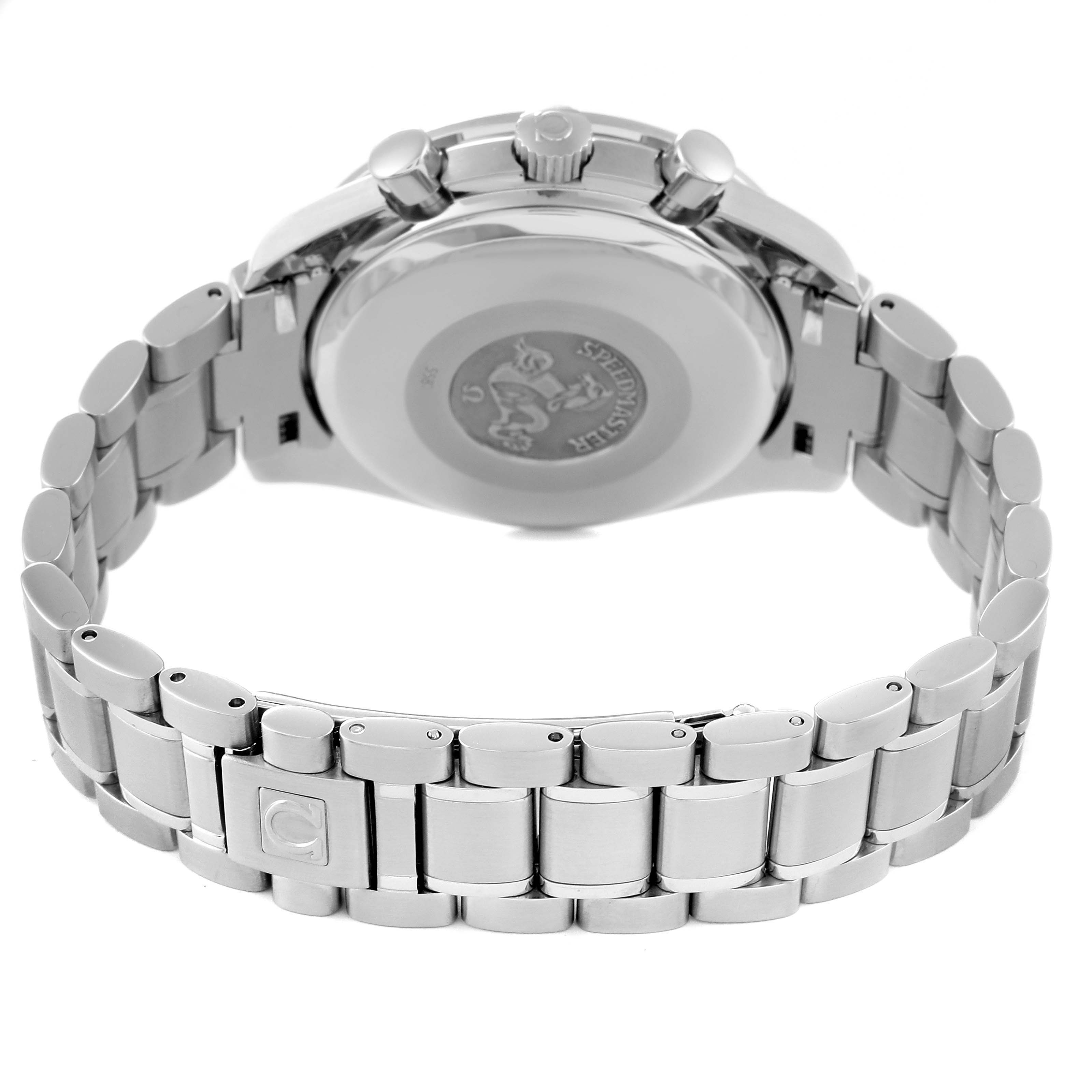 The image shows a rear view of an Omega Speedmaster 3520.50.00 Men
s Stainless Steel Black Dial 3520.50.00 Men
s Stainless Steel Black Dial, focusing on the case back, crown, and bracelet.