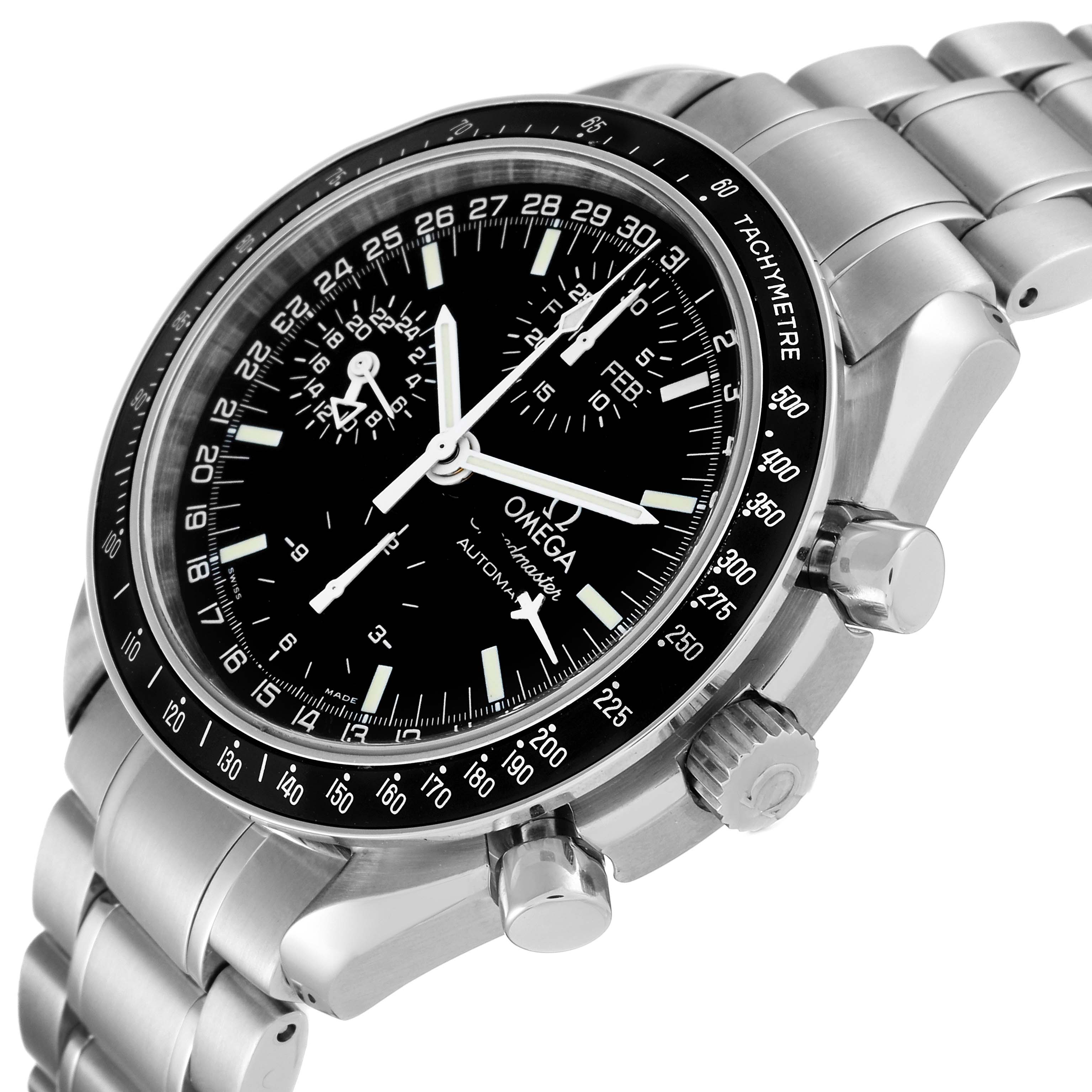 The image shows an angled view of the Omega Speedmaster 3520.50.00 Men
s Stainless Steel Black Dial 3520.50.00 Men
s Stainless Steel Black Dial watch, highlighting its dial, bezel, pushers, and part of the bracelet.