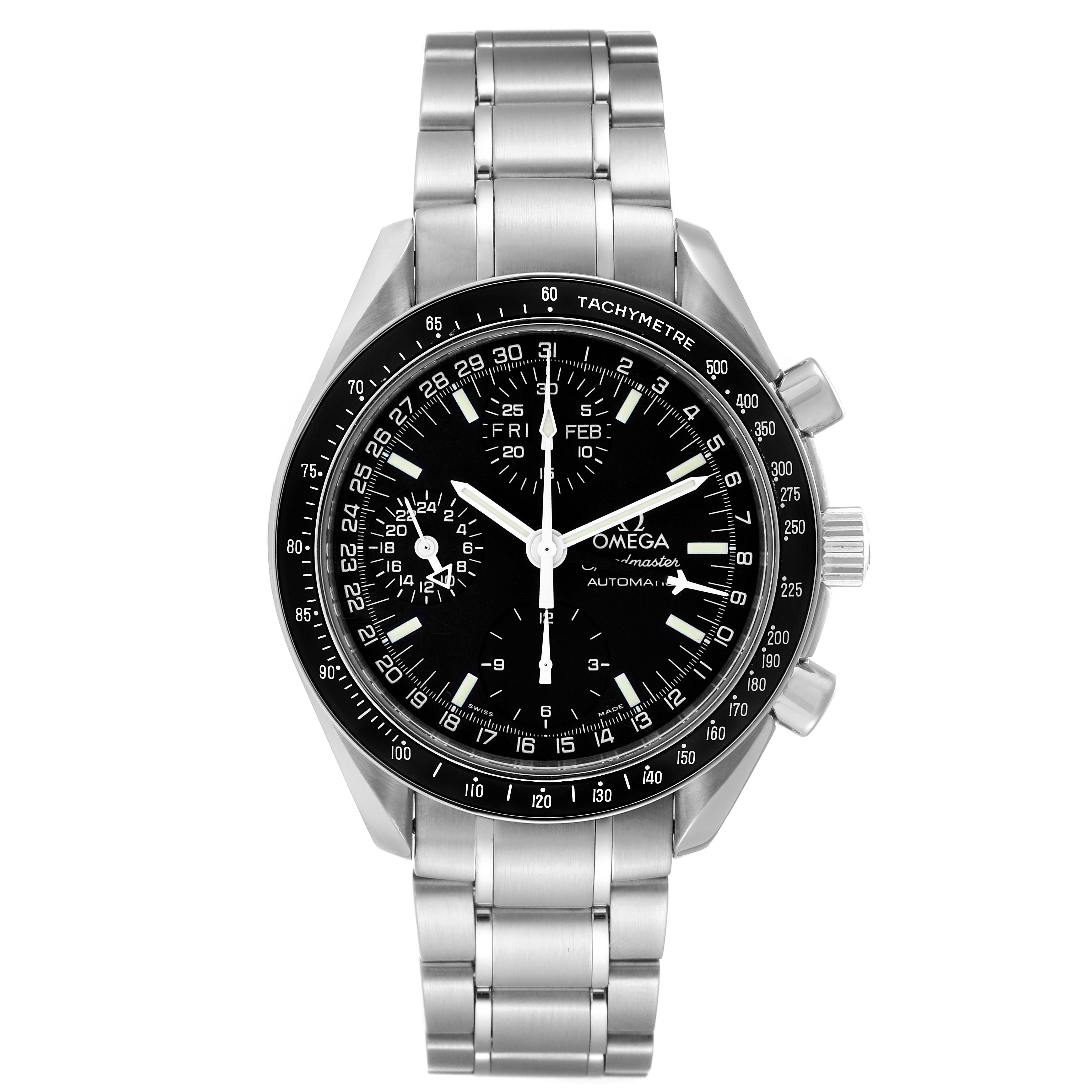 The Omega Speedmaster 3520.50.00 Men
s Stainless Steel Black Dial 3520.50.00 Men
s Stainless Steel Black Dial watch is shown from a top-down angle, displaying the face, bezel, crown, and stainless steel bracelet.