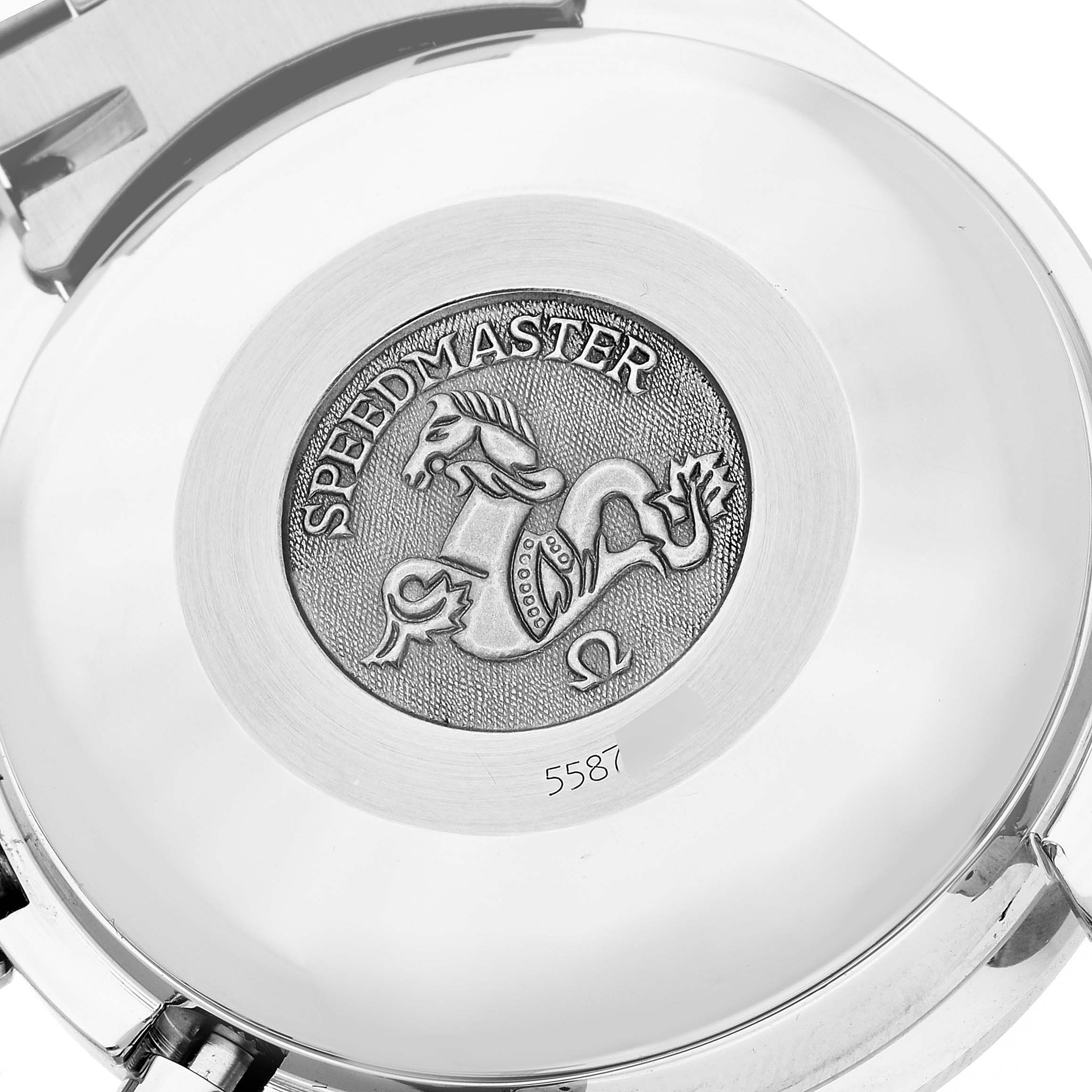 This image shows the case back of an Omega Speedmaster 3520.50.00 Men
s Stainless Steel Black Dial 3520.50.00 Men
s Stainless Steel Black Dial watch with an engraving of the logo and model name.