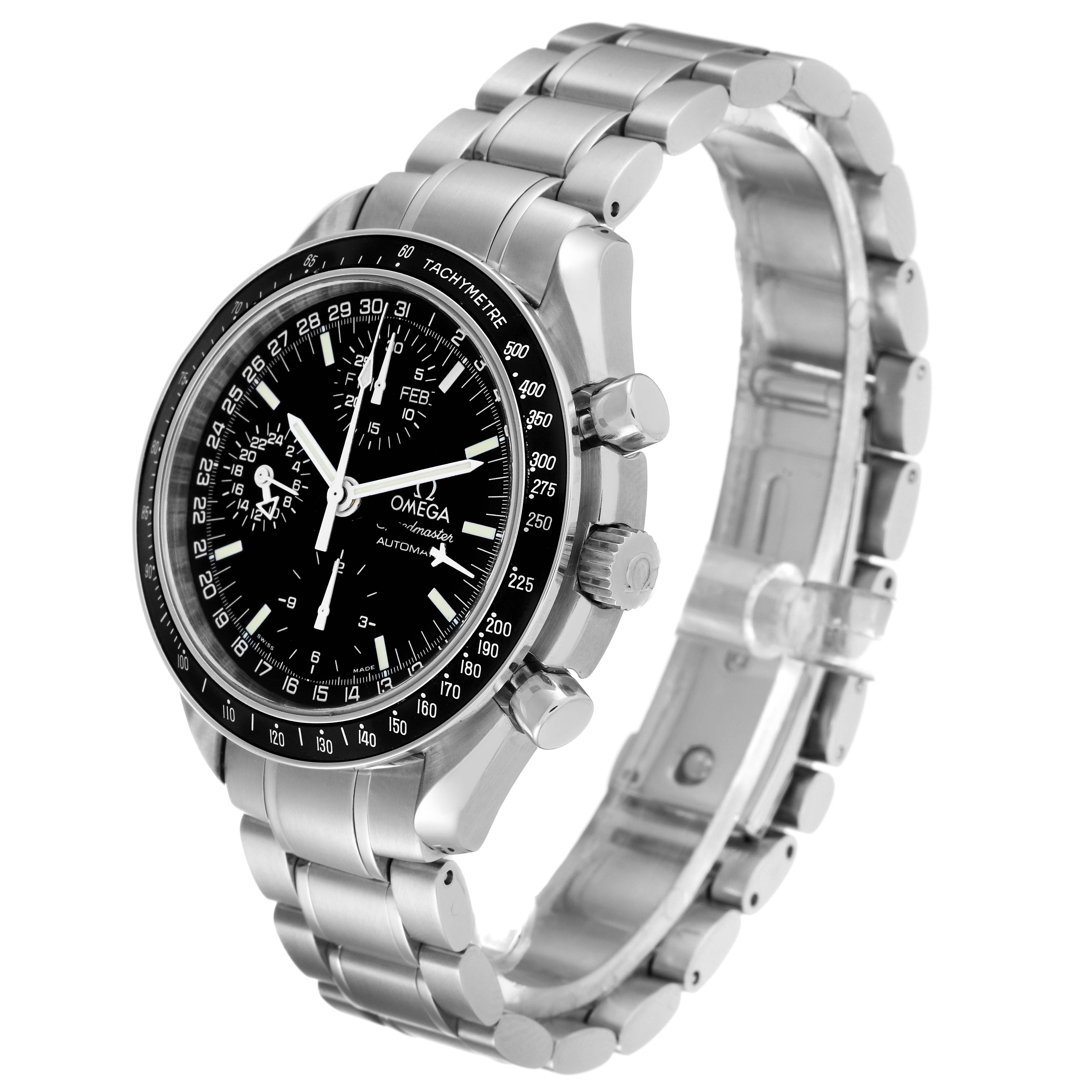The Omega Speedmaster 3520.50.00 Men
s Stainless Steel Black Dial 3520.50.00 Men
s Stainless Steel Black Dial watch is shown at an oblique angle, highlighting its stainless steel bracelet, pushers, crown, and detailed black dial.
