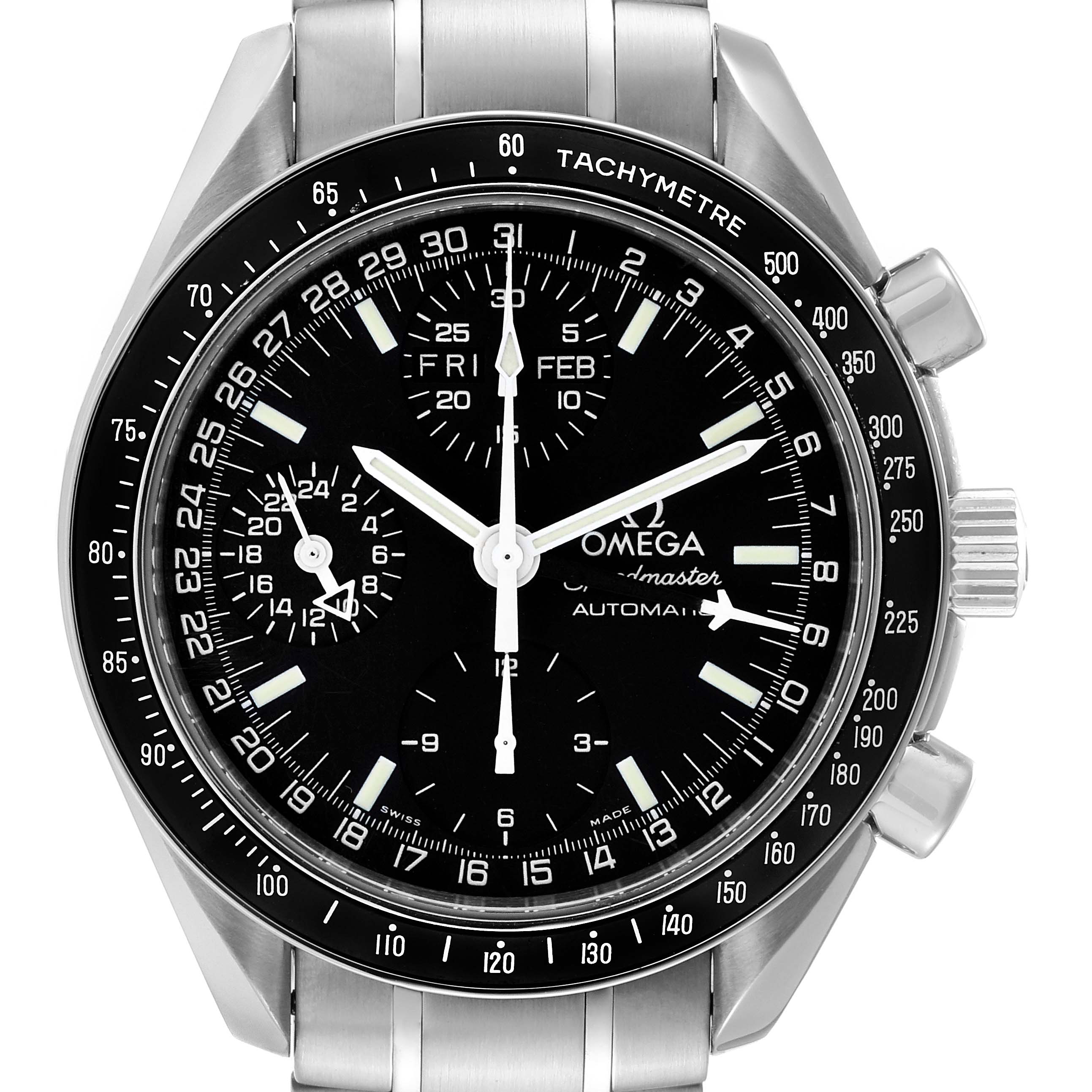 The Omega Speedmaster 3520.50.00 Men
s Stainless Steel Black Dial 3520.50.00 Men
s Stainless Steel Black Dial watch is shown from a front angle, highlighting its black dial, tachymeter bezel, and stainless steel bracelet.