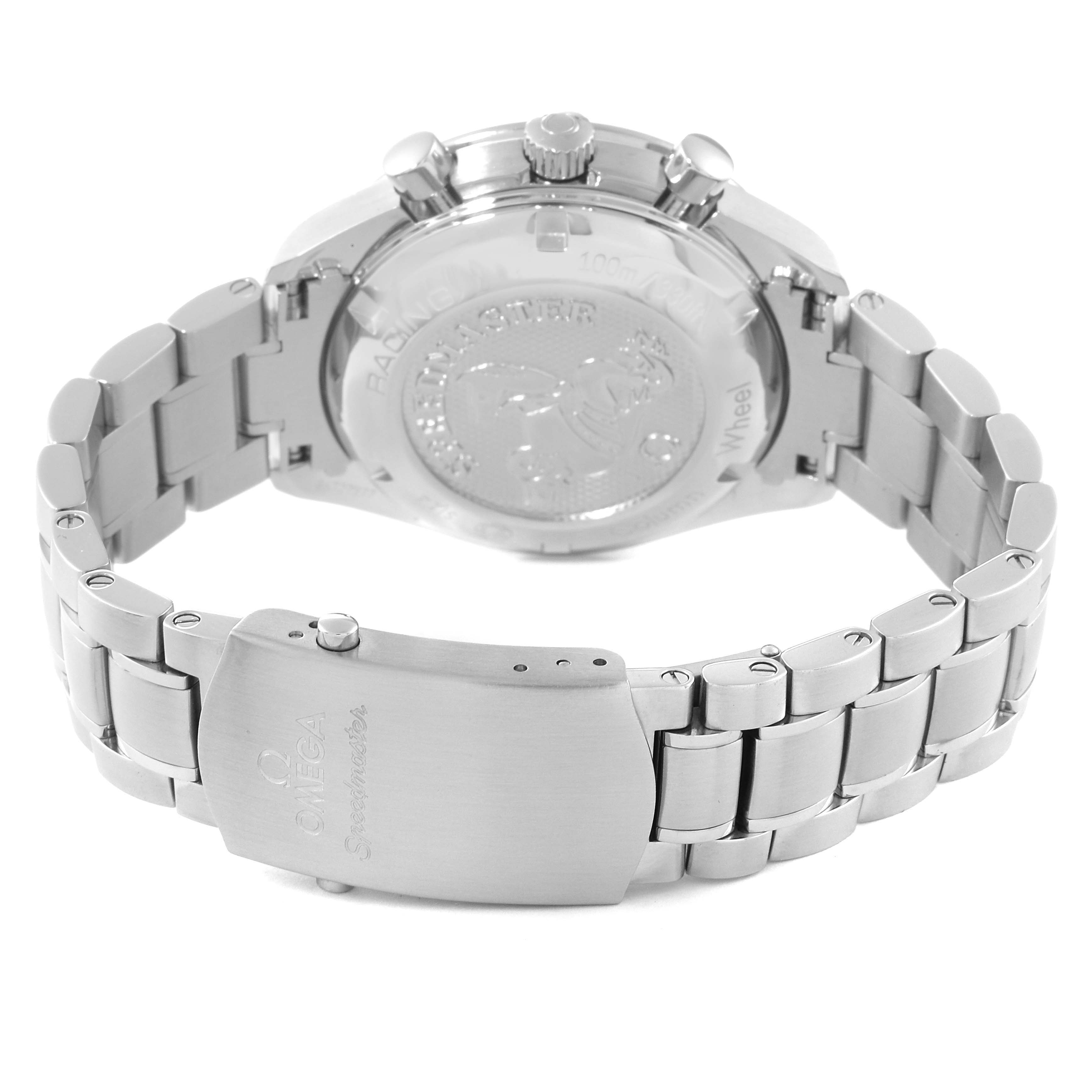 The image shows the back case, bracelet, clasp, and logo of the Omega Speedmaster 326.30.40.50.03.001 Men's Stainless Steel Blue Dial 326.30.40.50.03.001 Men's Stainless Steel Blue Dial watch from an angle showing the rear and side.