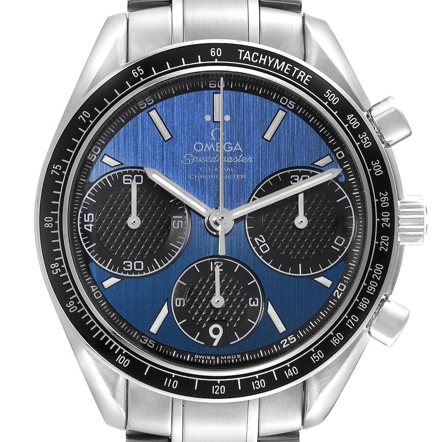 The image shows a front-facing view of the Omega Speedmaster watch, highlighting its dial, subdials, and tachymeter bezel.