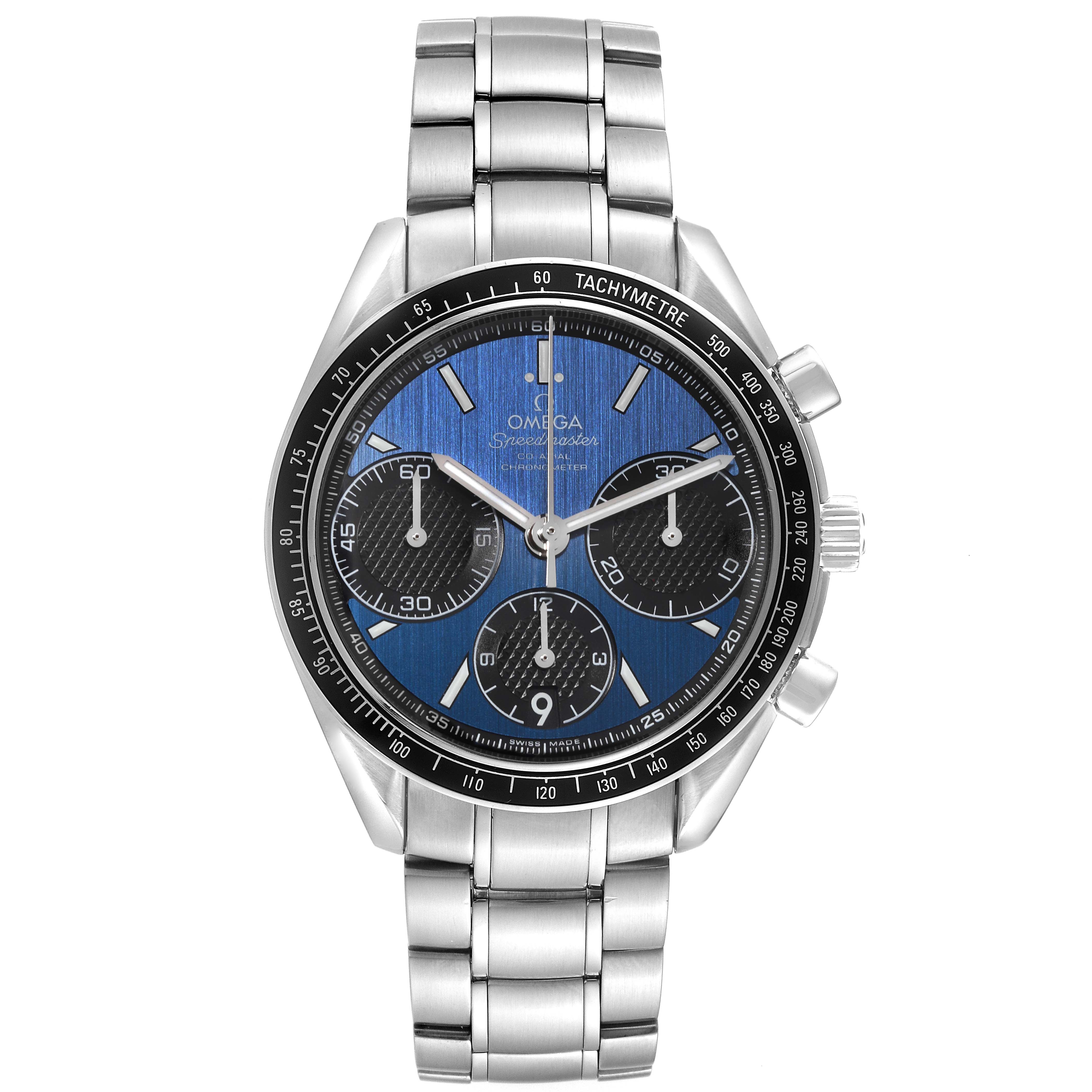 The image shows a front view of the Omega Speedmaster 326.30.40.50.03.001 Men's Stainless Steel Blue Dial 326.30.40.50.03.001 Men's Stainless Steel Blue Dial watch, highlighting its face, dials, bezel, and metal bracelet.