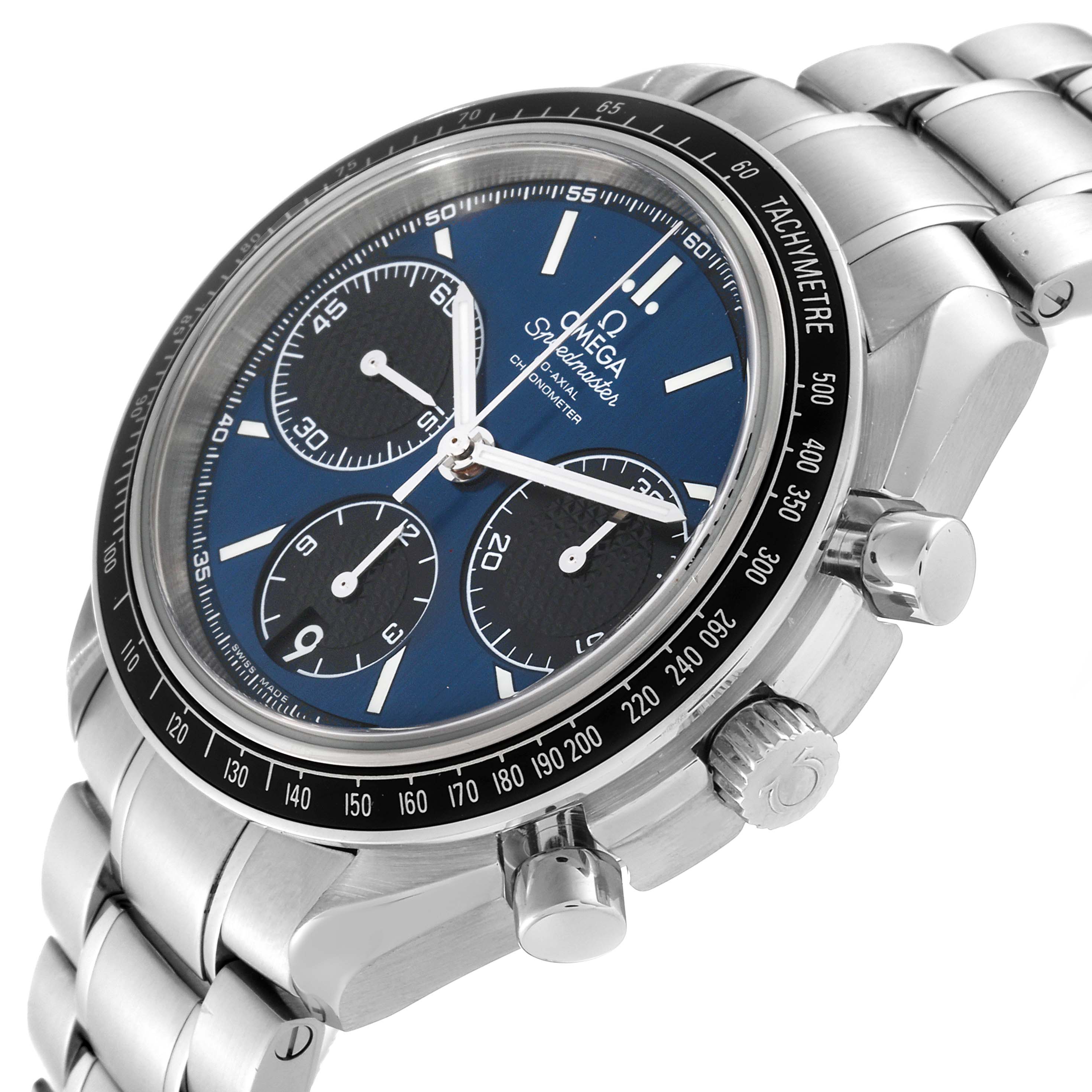 This image shows a side angle of the Omega Speedmaster 326.30.40.50.03.001 Men's Stainless Steel Blue Dial 326.30.40.50.03.001 Men's Stainless Steel Blue Dial watch, highlighting the case, dial, bezel, and bracelet.