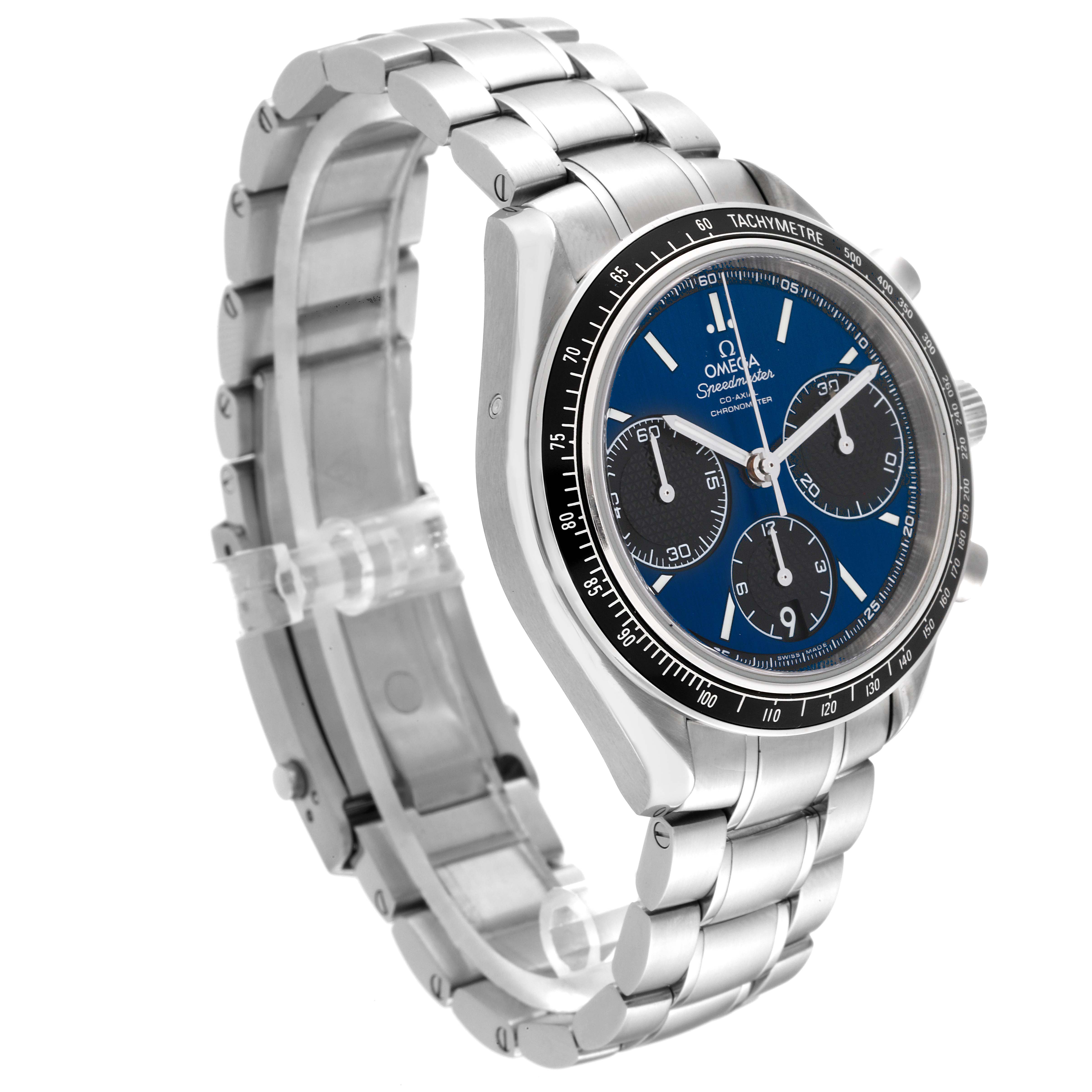 The Omega Speedmaster 326.30.40.50.03.001 Men's Stainless Steel Blue Dial 326.30.40.50.03.001 Men's Stainless Steel Blue Dial watch is shown at a three-quarter angle, highlighting its face, stainless steel bracelet, and tachymeter bezel.