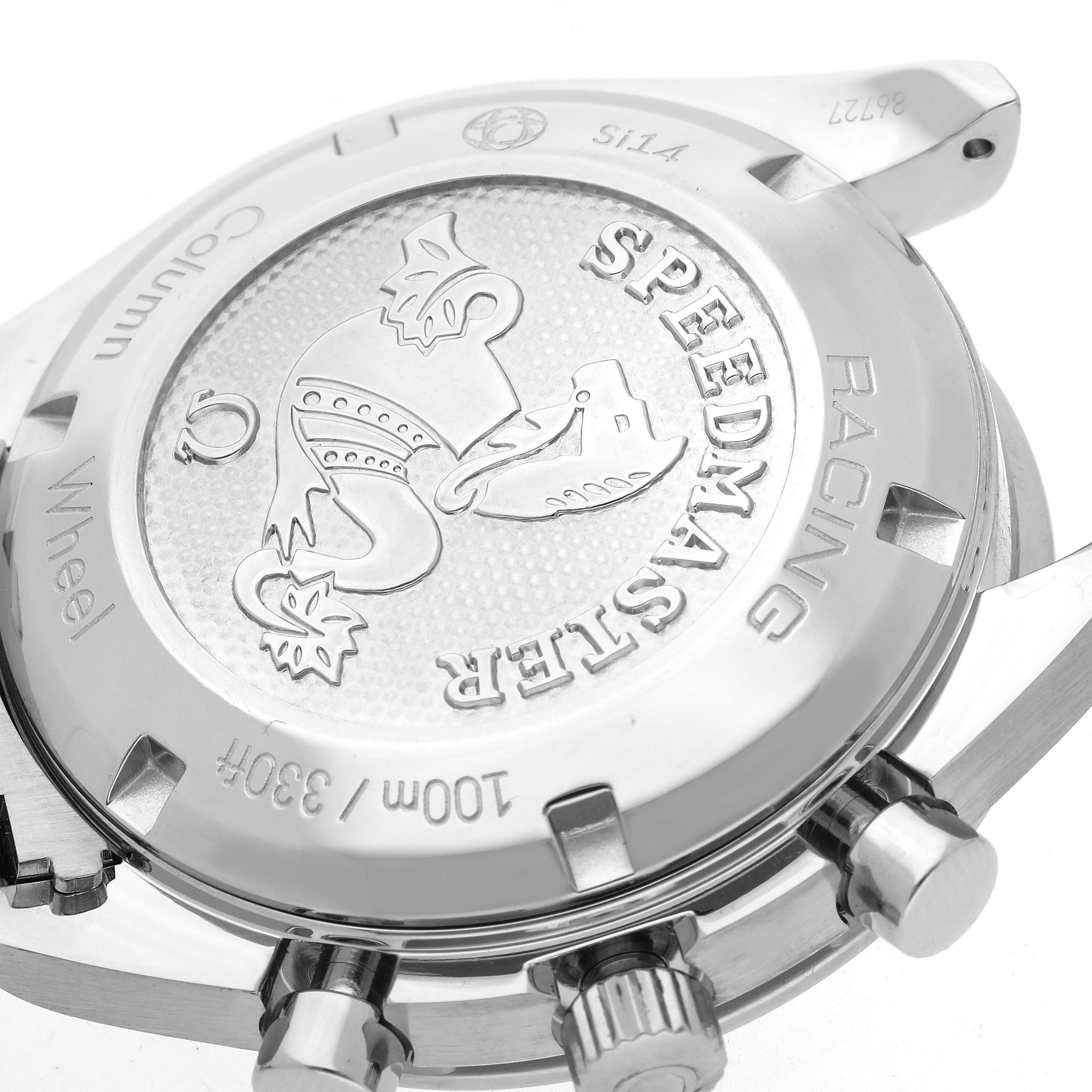 This image shows the back of an Omega Speedmaster 326.30.40.50.03.001 Men's Stainless Steel Blue Dial 326.30.40.50.03.001 Men's Stainless Steel Blue Dial watch, highlighting the engraved details and the crown with pushers.