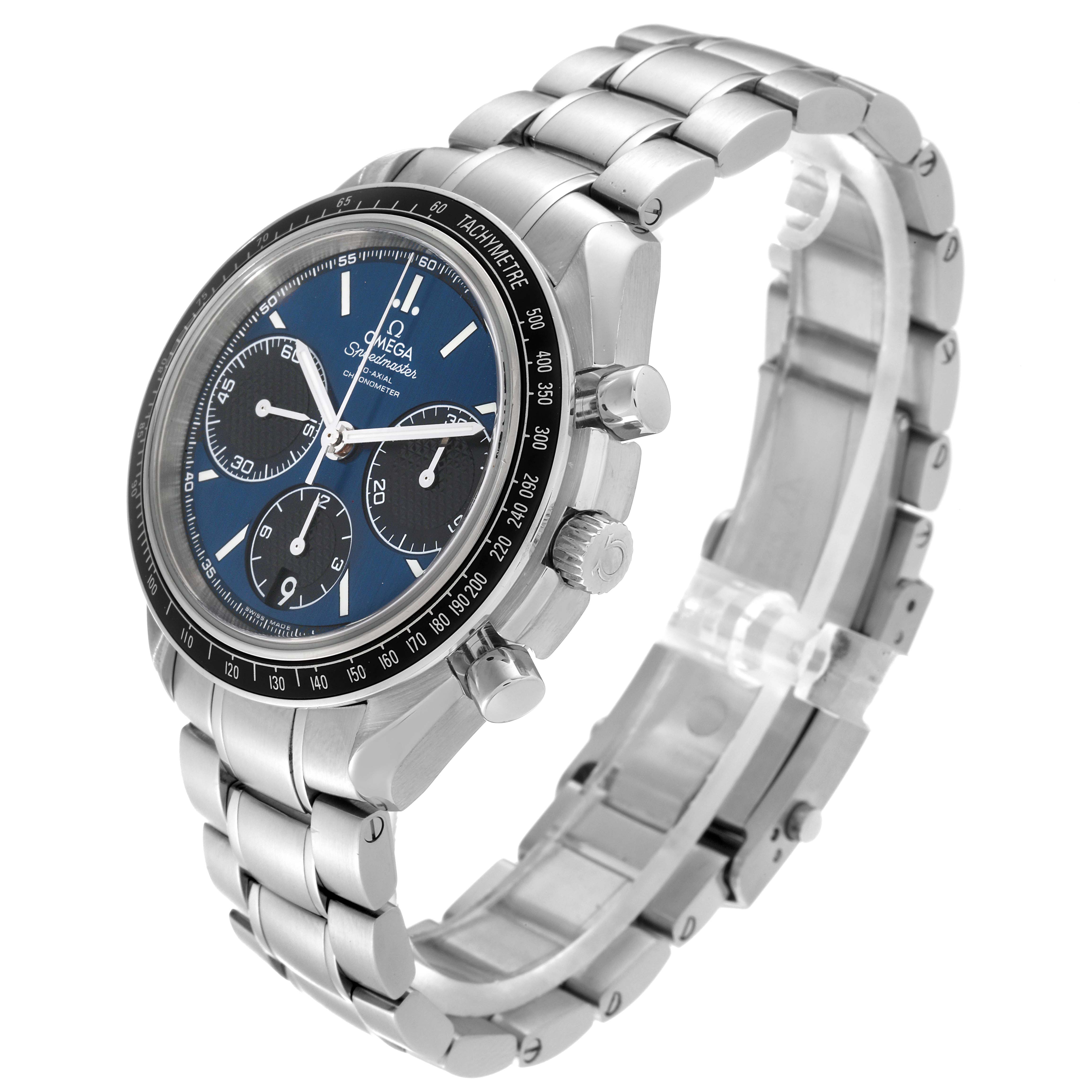 The Omega Speedmaster 326.30.40.50.03.001 Men's Stainless Steel Blue Dial 326.30.40.50.03.001 Men's Stainless Steel Blue Dial watch is shown at a three-quarter angle, highlighting its face, bezel, case, crown, pushers, and stainless steel bracelet.