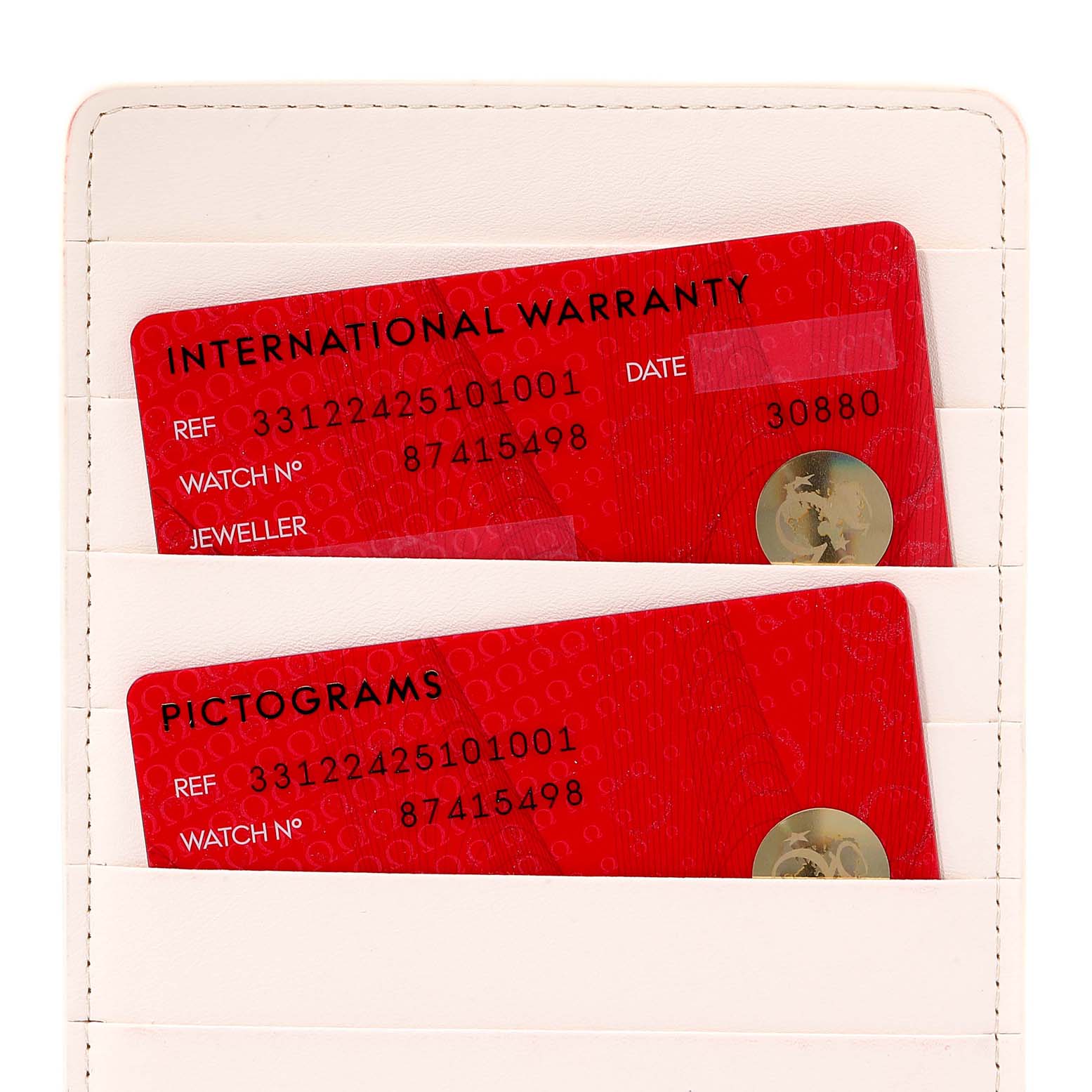 The image shows the International Warranty and Pictograms cards for the Omega Speedmaster 331.22.42.51.01.001 Men
s Steel and Gold (two tone) Black Dial 331.22.42.51.01.001 Men
s Steel and Gold (two tone) Black Dial model.