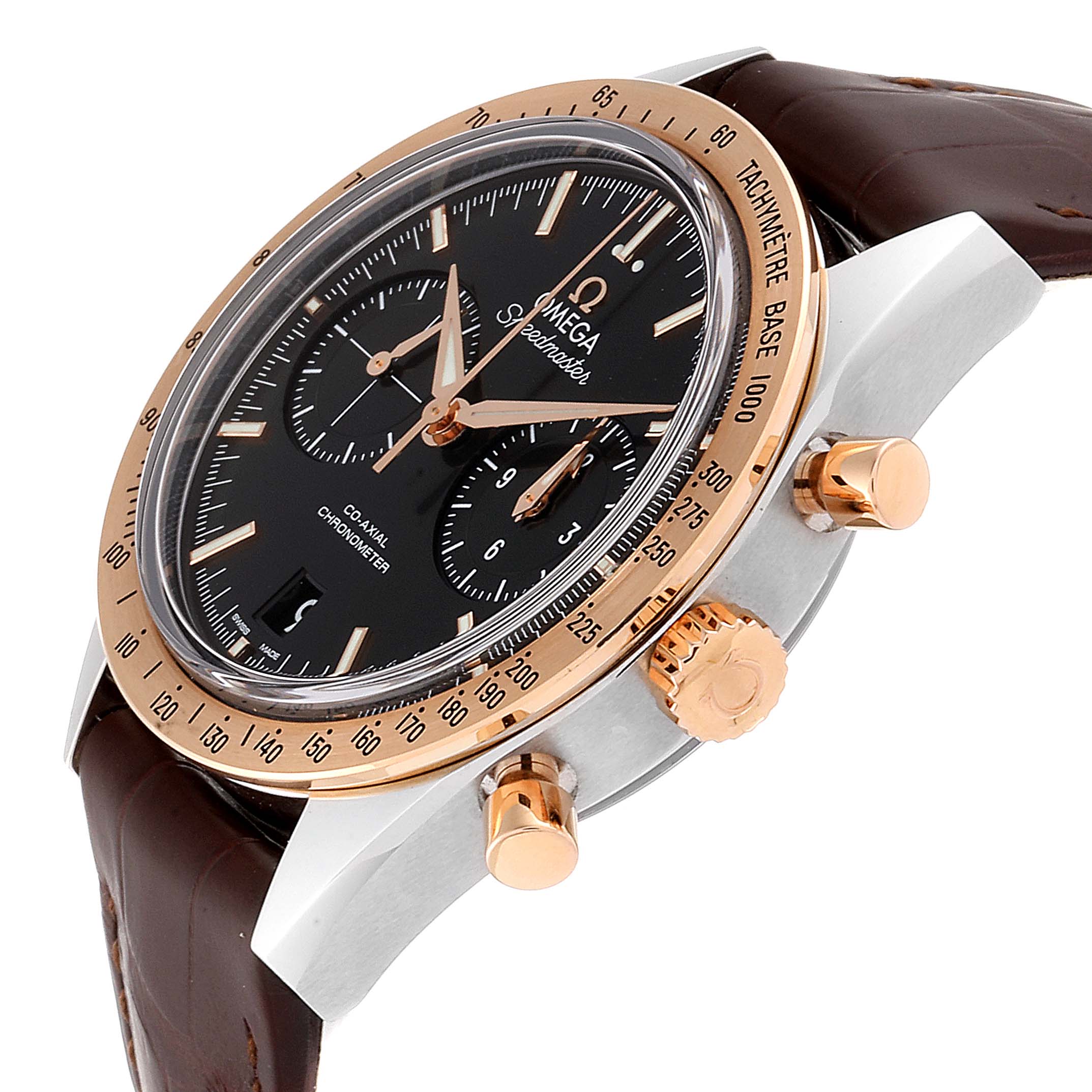 This Omega Speedmaster 331.22.42.51.01.001 Men
s Steel and Gold (two tone) Black Dial 331.22.42.51.01.001 Men
s Steel and Gold (two tone) Black Dial watch is shown at an angle displaying its face, bezel, crown, pushers, and leather strap.