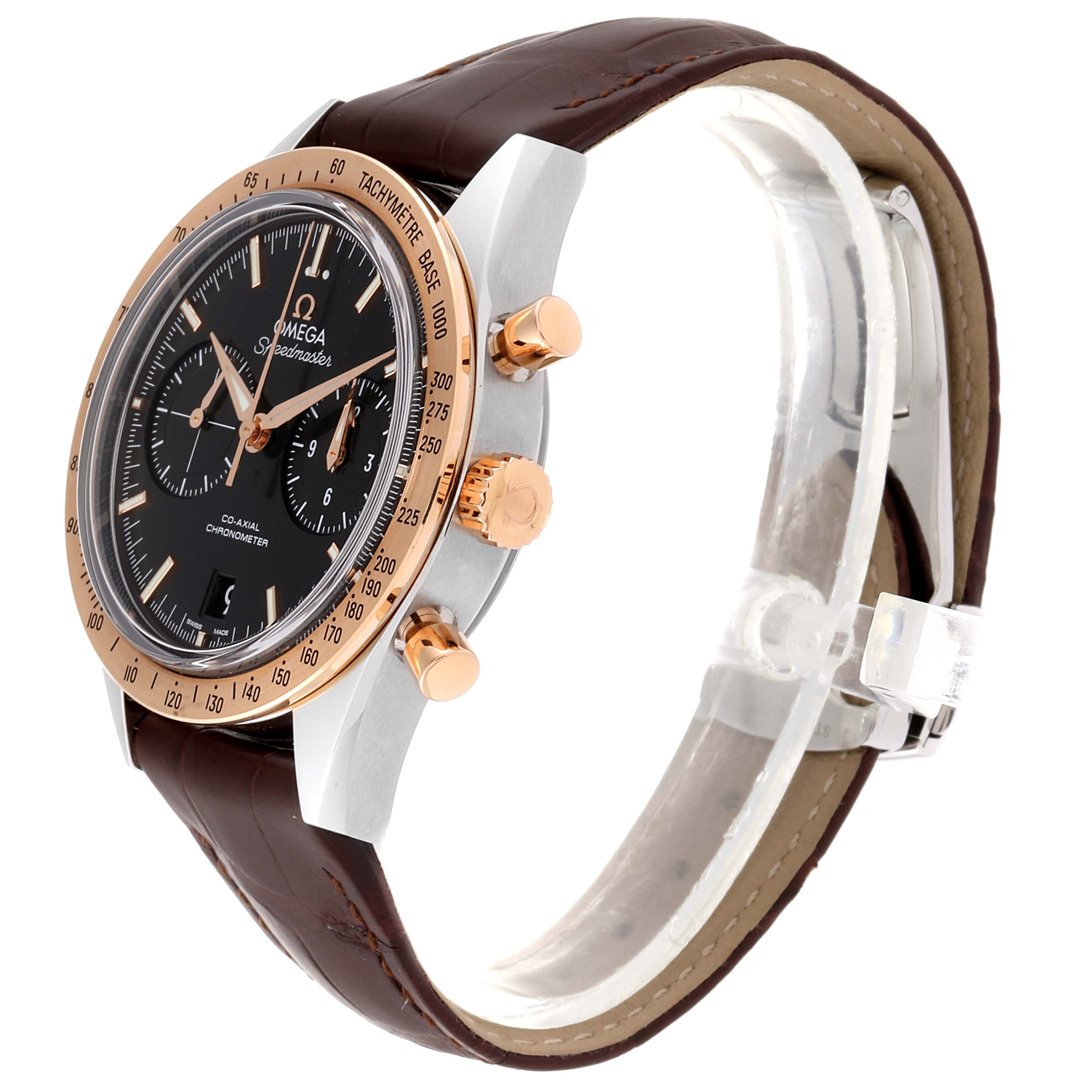 The Omega Speedmaster 331.22.42.51.01.001 Men
s Steel and Gold (two tone) Black Dial 331.22.42.51.01.001 Men
s Steel and Gold (two tone) Black Dial watch is shown from an angled side view, displaying its dial, bezel, crown, pushers, and brown leather strap.