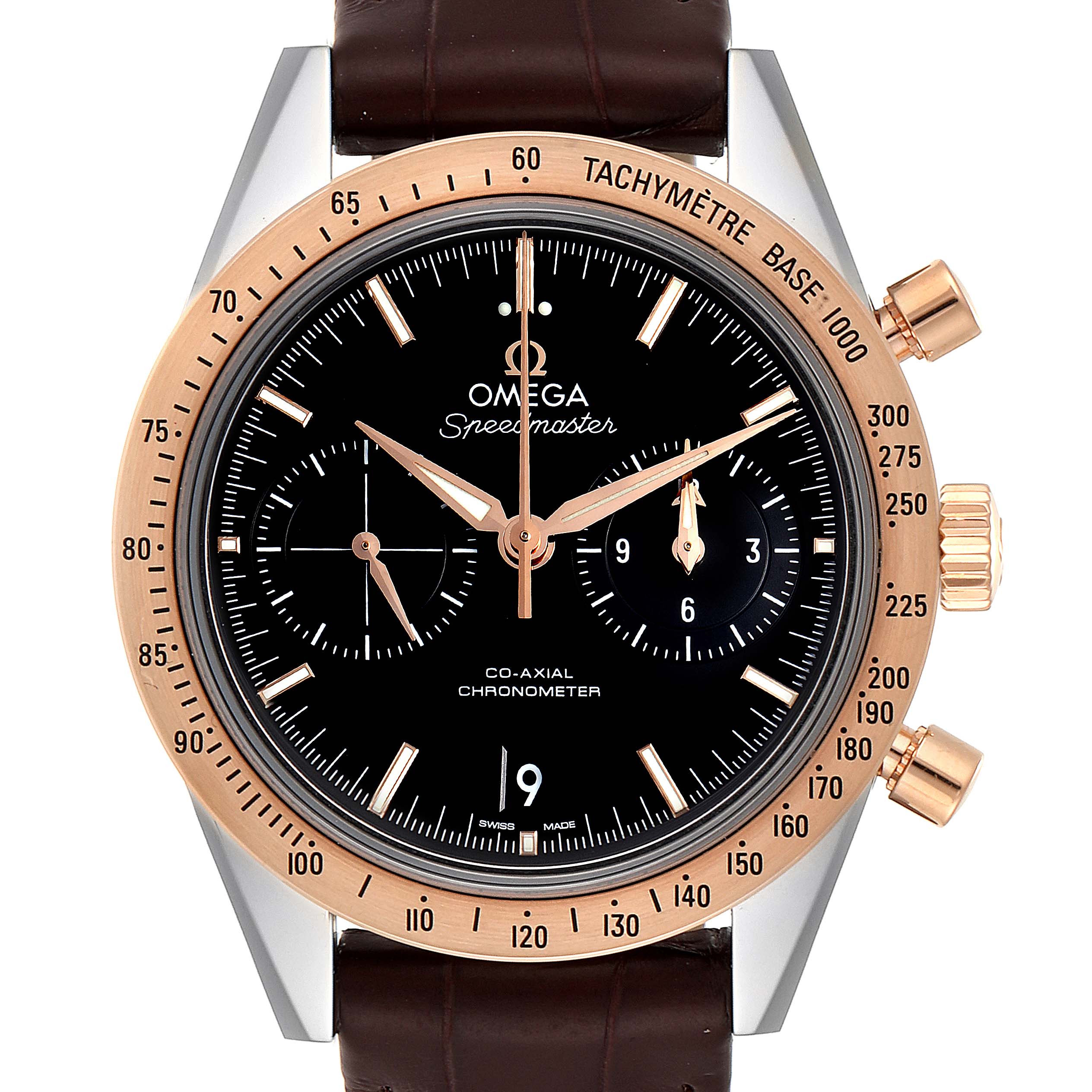 The image shows a front view of the Omega Speedmaster 331.22.42.51.01.001 Men
s Steel and Gold (two tone) Black Dial 331.22.42.51.01.001 Men
s Steel and Gold (two tone) Black Dial watch, highlighting its dial, bezel, and chronograph features.