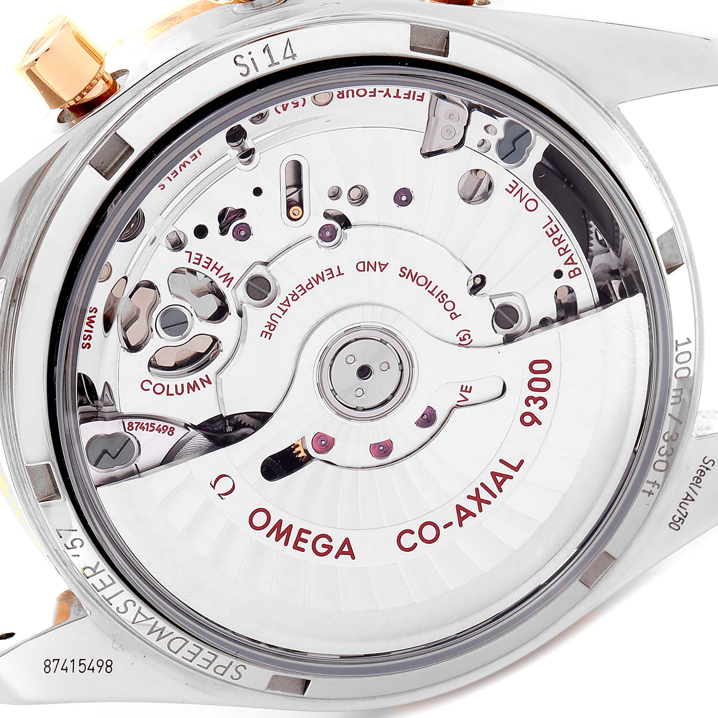 The image shows the case back of an Omega Speedmaster 331.22.42.51.01.001 Men
s Steel and Gold (two tone) Black Dial 331.22.42.51.01.001 Men
s Steel and Gold (two tone) Black Dial watch, highlighting the intricate Co-Axial 9300 movement.