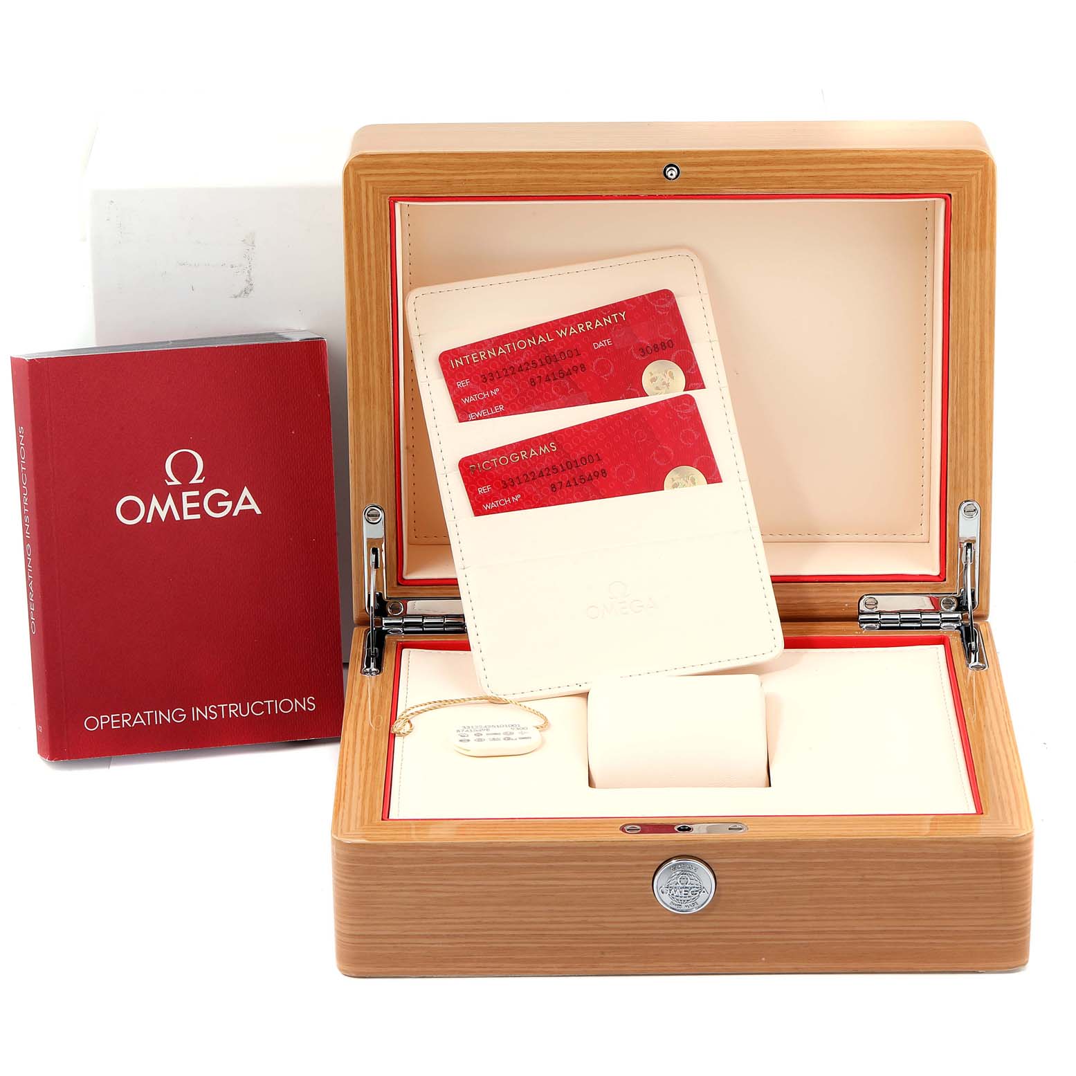 This image shows a wooden Omega Speedmaster 331.22.42.51.01.001 Men
s Steel and Gold (two tone) Black Dial 331.22.42.51.01.001 Men
s Steel and Gold (two tone) Black Dial watch box, warranty cards, and operating instructions from a front angle.