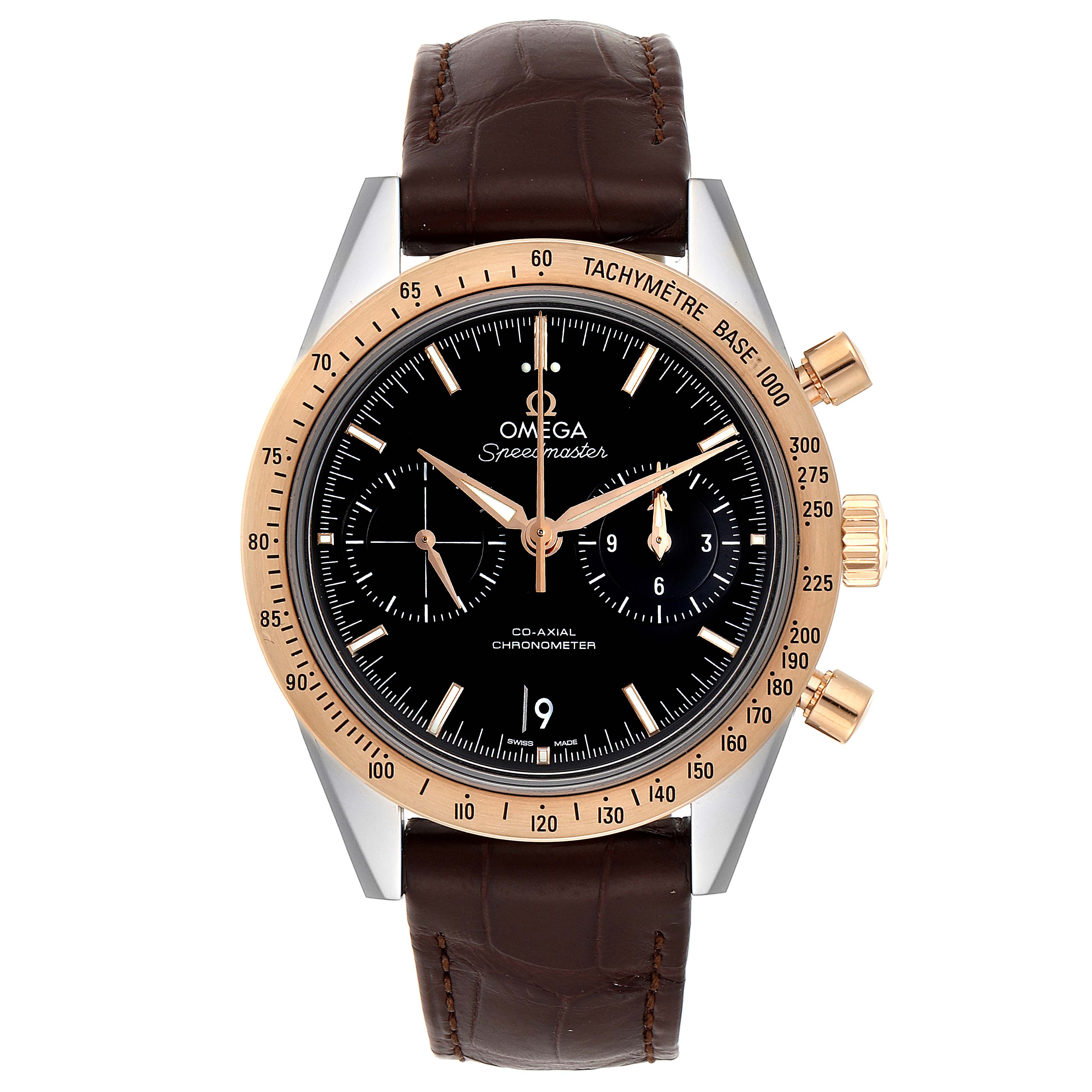 The image shows a front view of an Omega Speedmaster 331.22.42.51.01.001 Men
s Steel and Gold (two tone) Black Dial 331.22.42.51.01.001 Men
s Steel and Gold (two tone) Black Dial watch with a brown leather band and gold-tone bezel.
