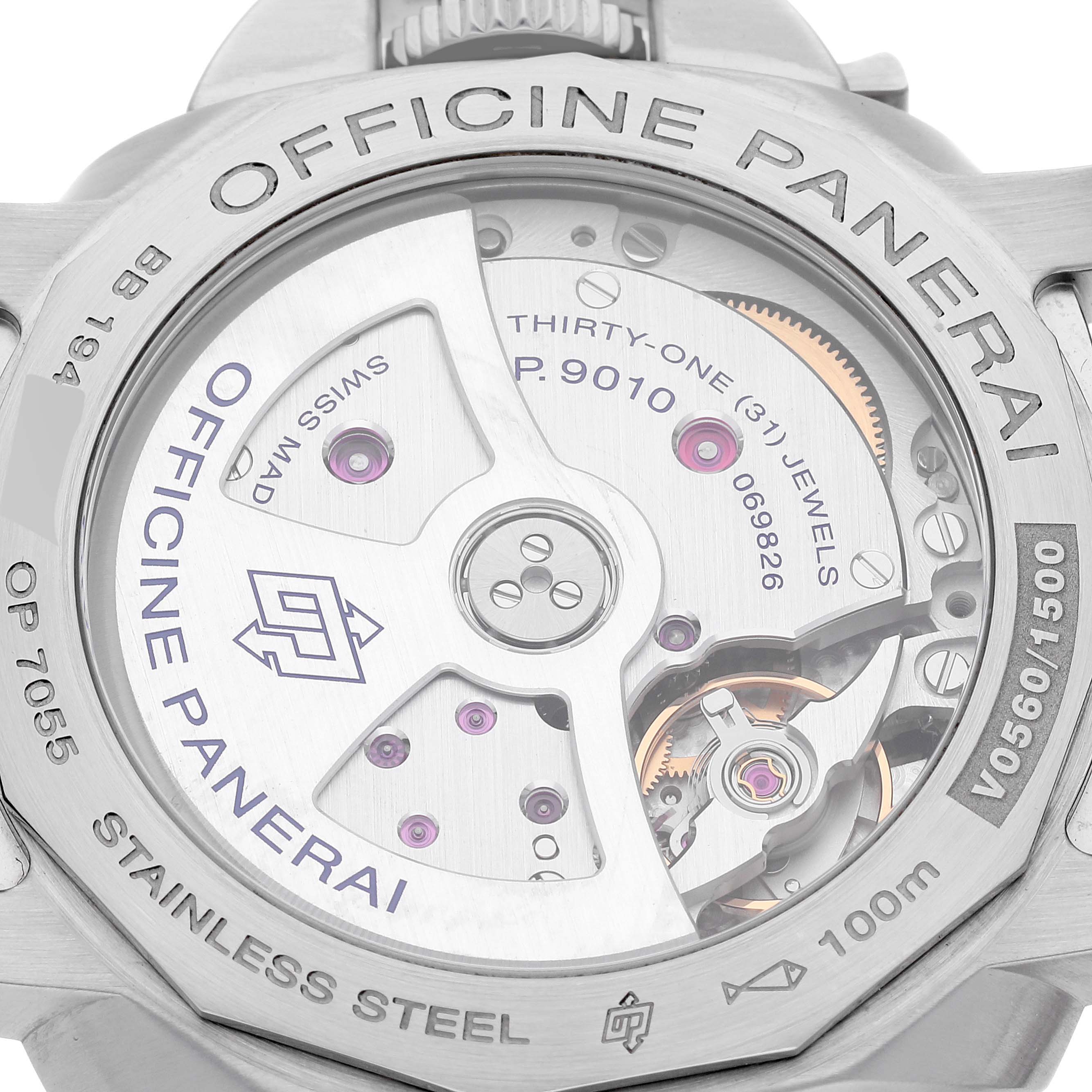 This image shows the back view of a Panerai Luminor PAM01392 Men
s Stainless Steel Black Dial PAM01392 Men
s Stainless Steel Black Dial watch, highlighting the internal mechanism.