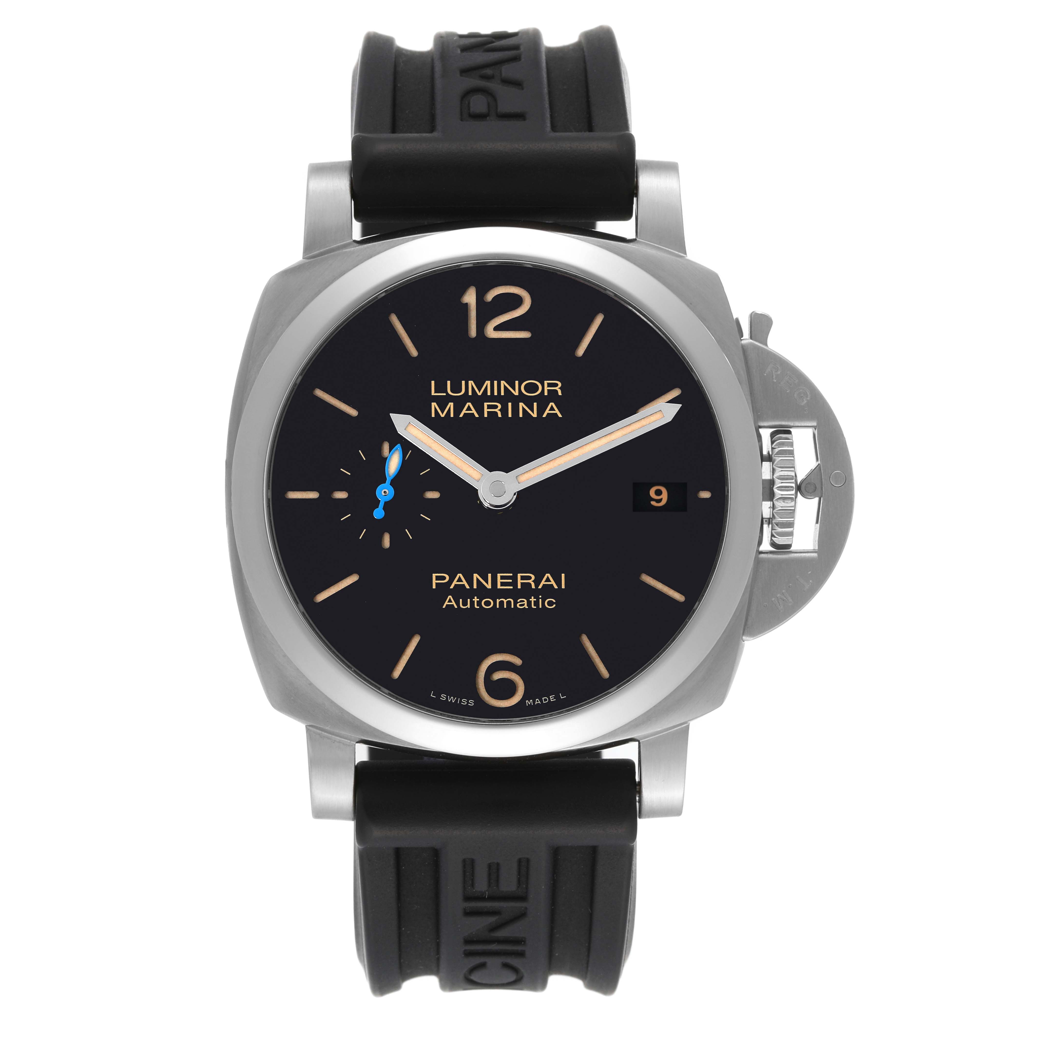 The image shows a front view of the Panerai Luminor PAM01392 Men
s Stainless Steel Black Dial PAM01392 Men
s Stainless Steel Black Dial Marina watch, highlighting its dial, hands, date window, and rubber strap.