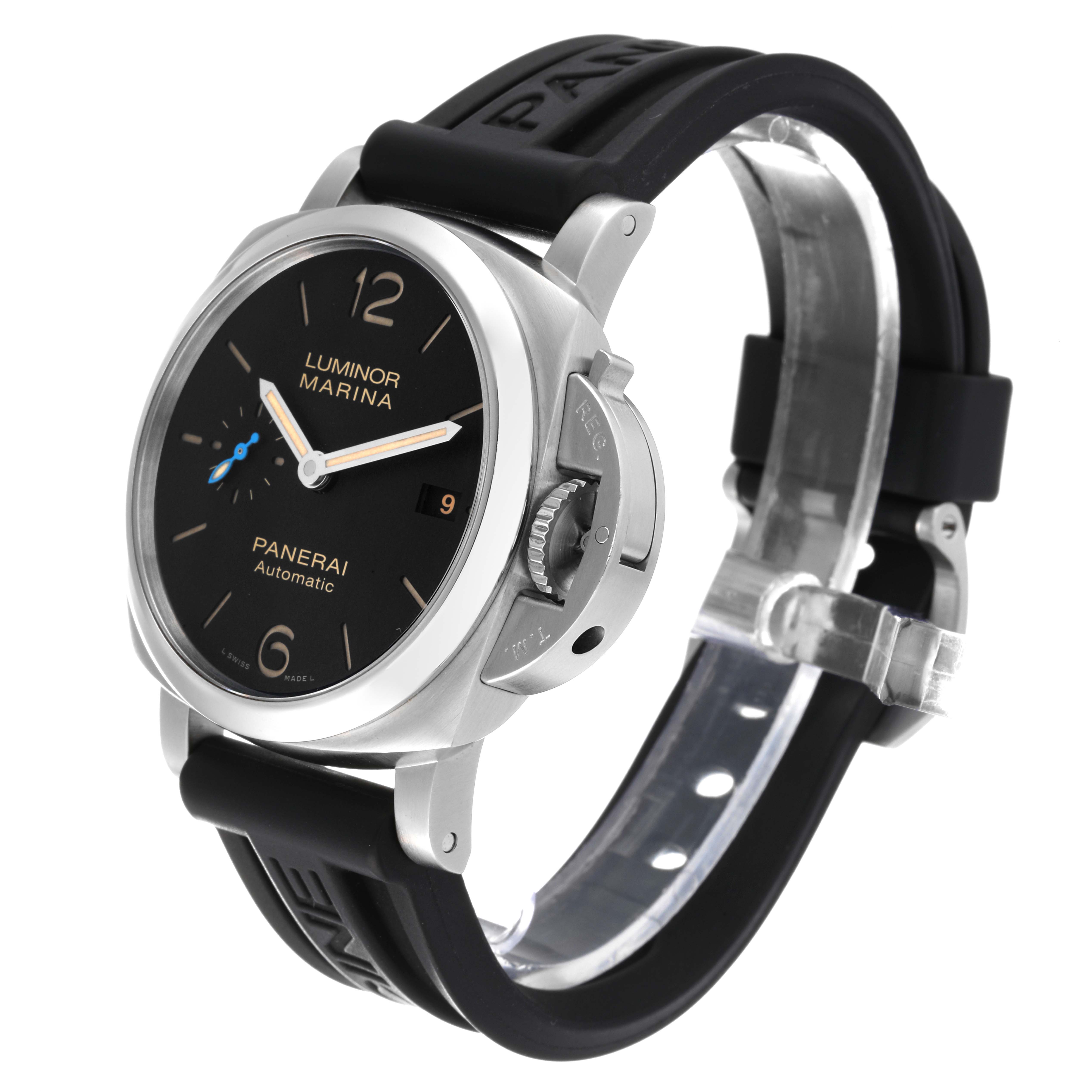 The Panerai Luminor PAM01392 Men
s Stainless Steel Black Dial PAM01392 Men
s Stainless Steel Black Dial watch is shown at a three-quarter angle, highlighting the dial, crown guard, and black strap.