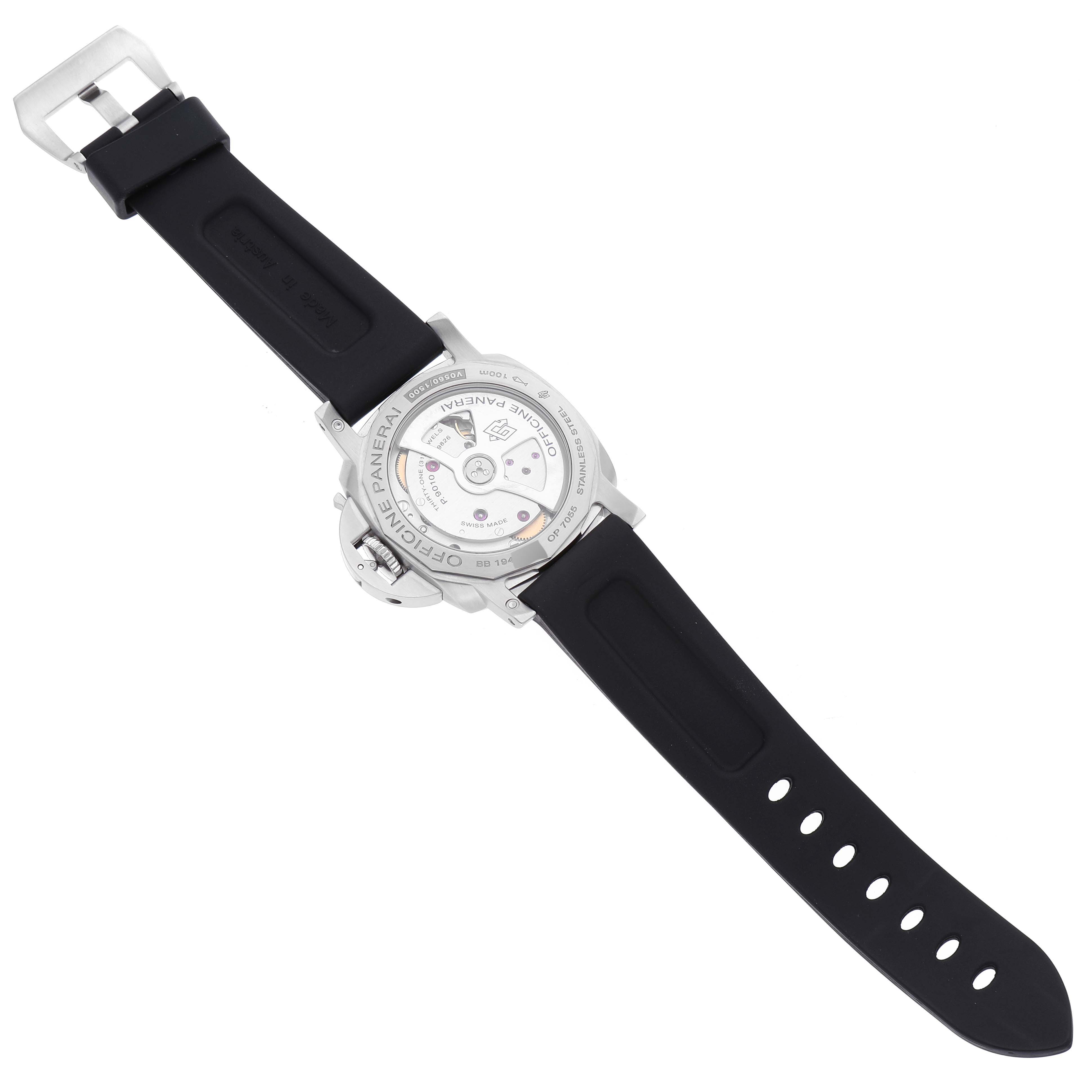 The image shows the back of a Panerai Luminor PAM01392 Men
s Stainless Steel Black Dial PAM01392 Men
s Stainless Steel Black Dial watch, emphasizing the movement and black rubber strap.