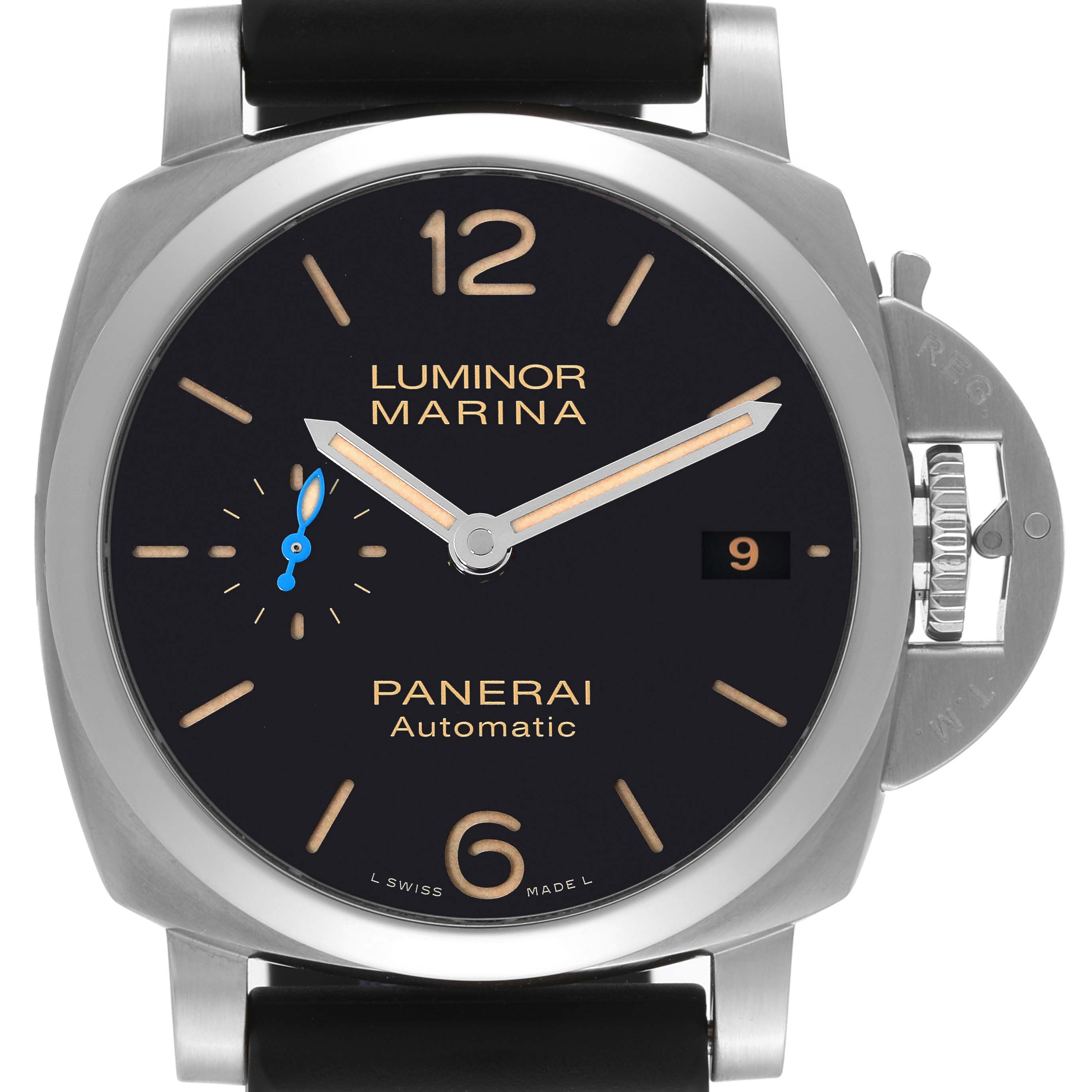 This image shows a front view of the Panerai Luminor PAM01392 Men
s Stainless Steel Black Dial PAM01392 Men
s Stainless Steel Black Dial Marina watch, including the dial, hands, case, and crown guard.