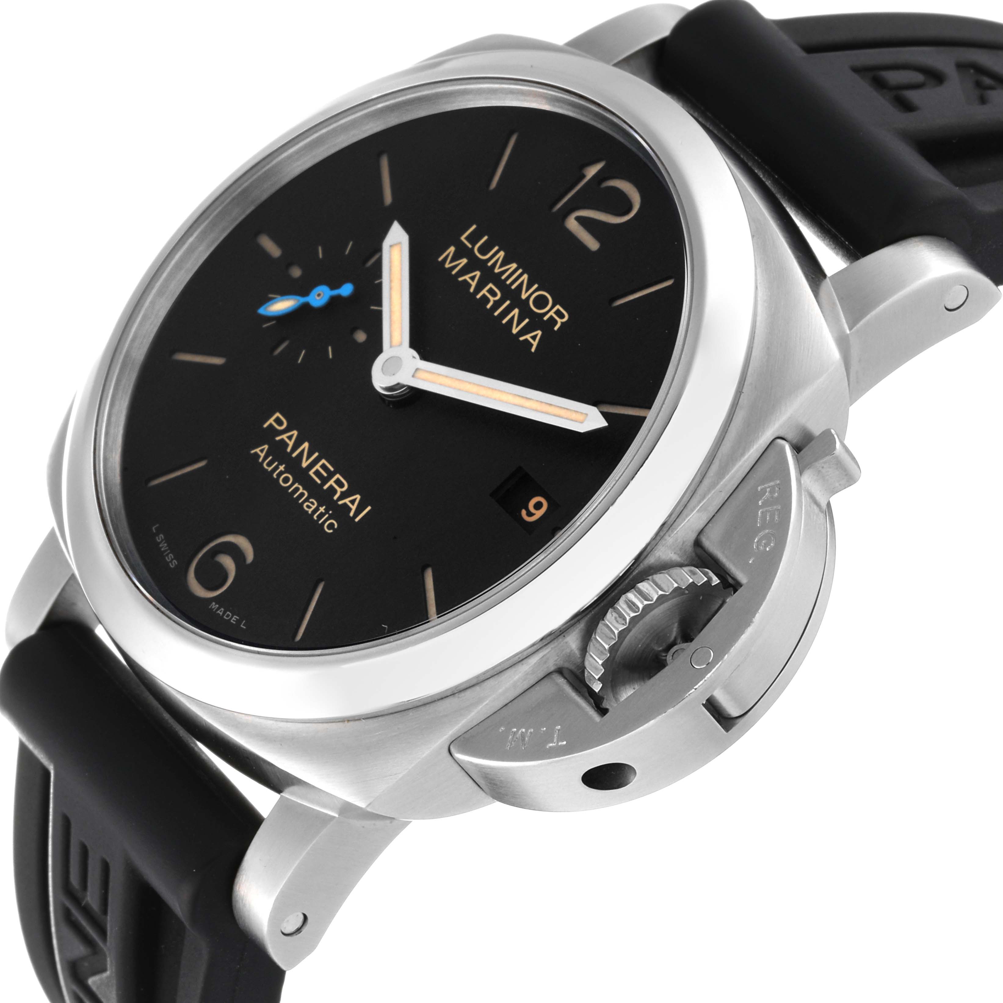 The image shows a Panerai Luminor PAM01392 Men
s Stainless Steel Black Dial PAM01392 Men
s Stainless Steel Black Dial Marina watch at a slight angle, highlighting the dial, crown guard, and part of the black strap.