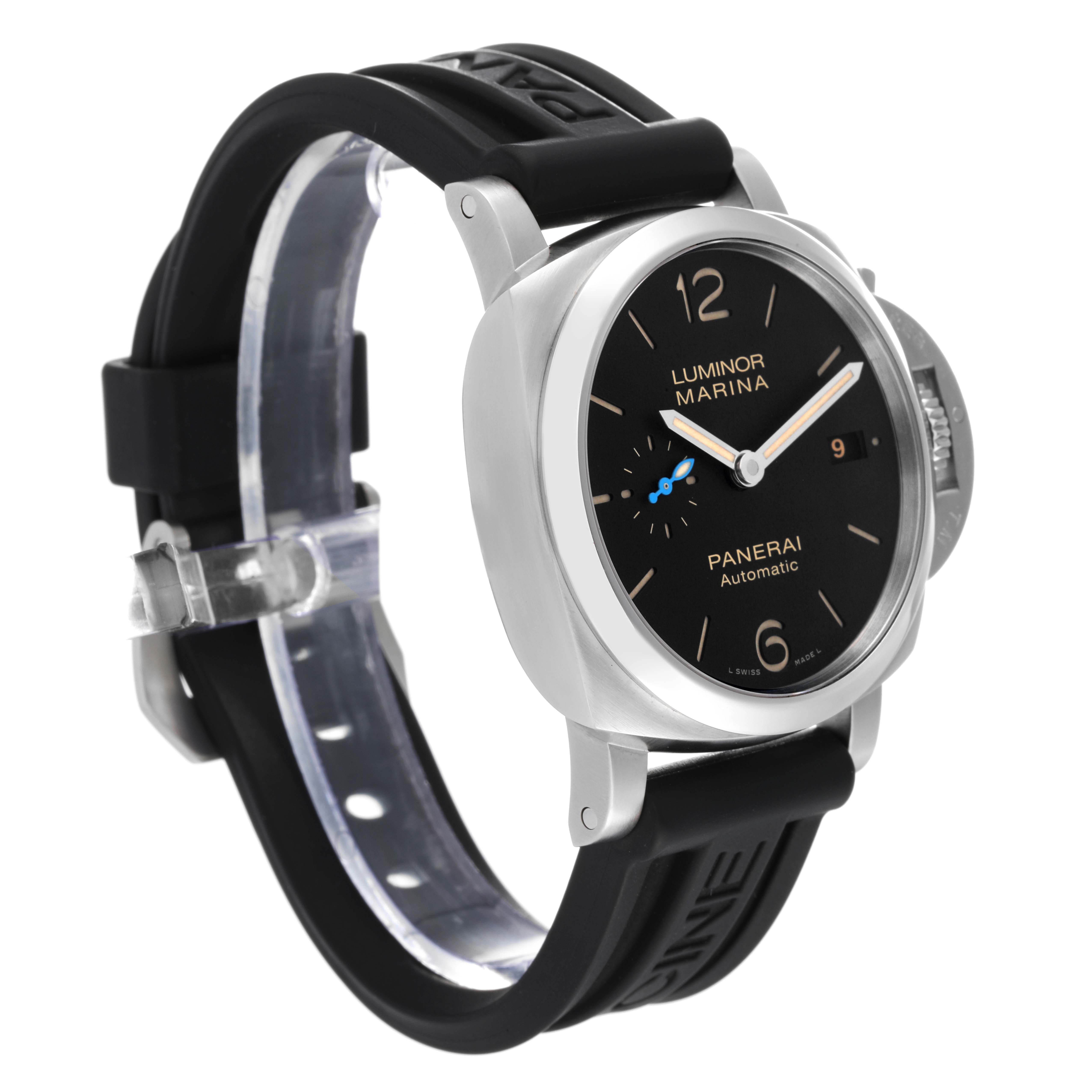 The Panerai Luminor PAM01392 Men
s Stainless Steel Black Dial PAM01392 Men
s Stainless Steel Black Dial watch is shown at a three-quarter angle, highlighting its black dial, rubber strap, and crown guard.