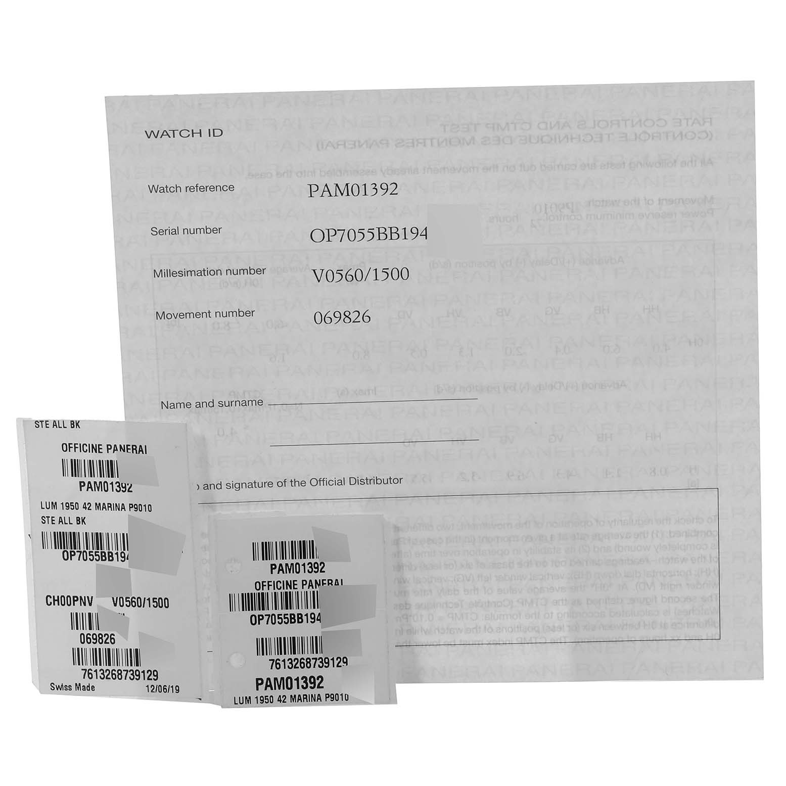 The image shows warranty and serial number documents for the Panerai Luminor PAM01392 Men
s Stainless Steel Black Dial PAM01392 Men
s Stainless Steel Black Dial model PAM01392.