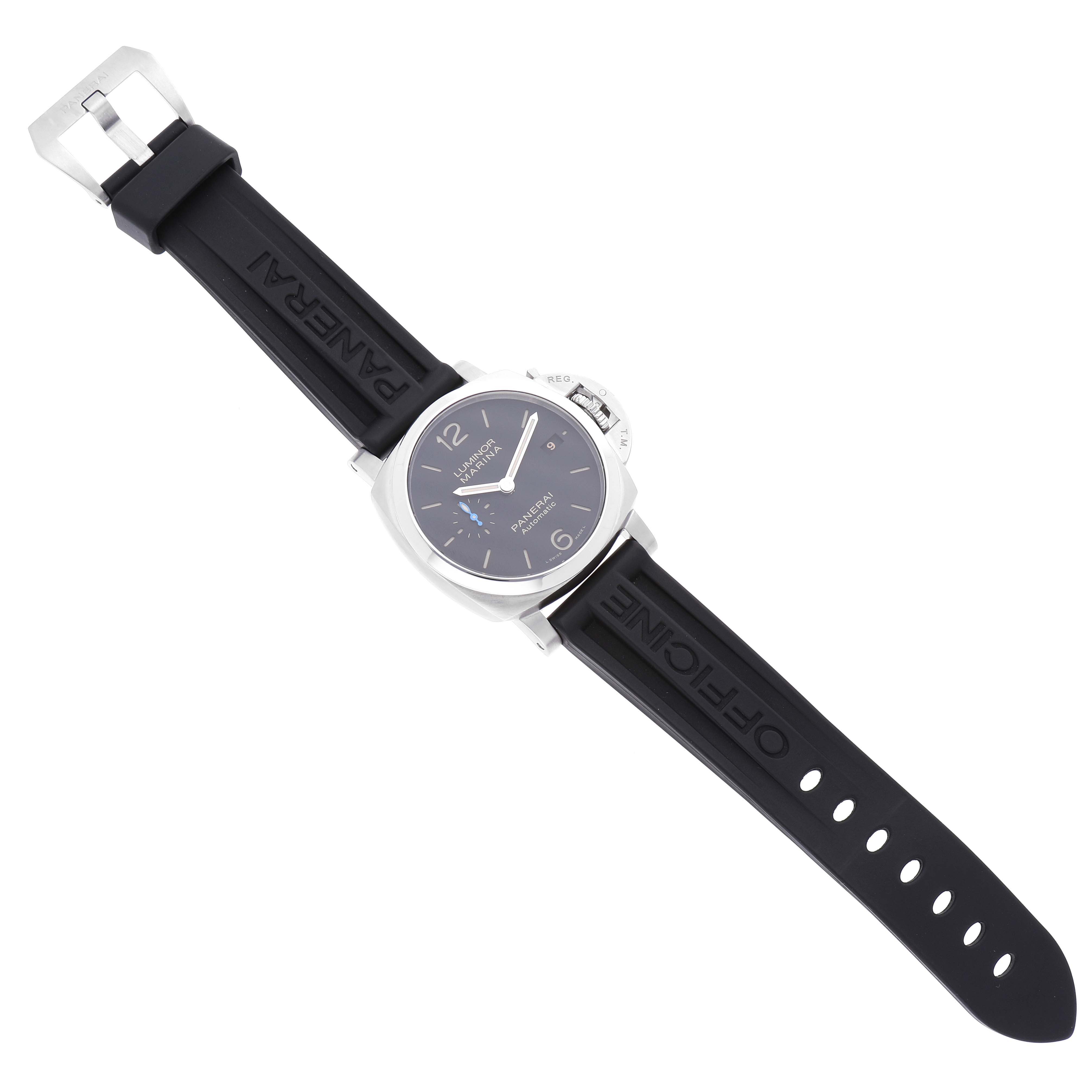 The Panerai Luminor PAM01392 Men
s Stainless Steel Black Dial PAM01392 Men
s Stainless Steel Black Dial watch is shown from a top-down angle, displaying the face, case, and rubber strap.