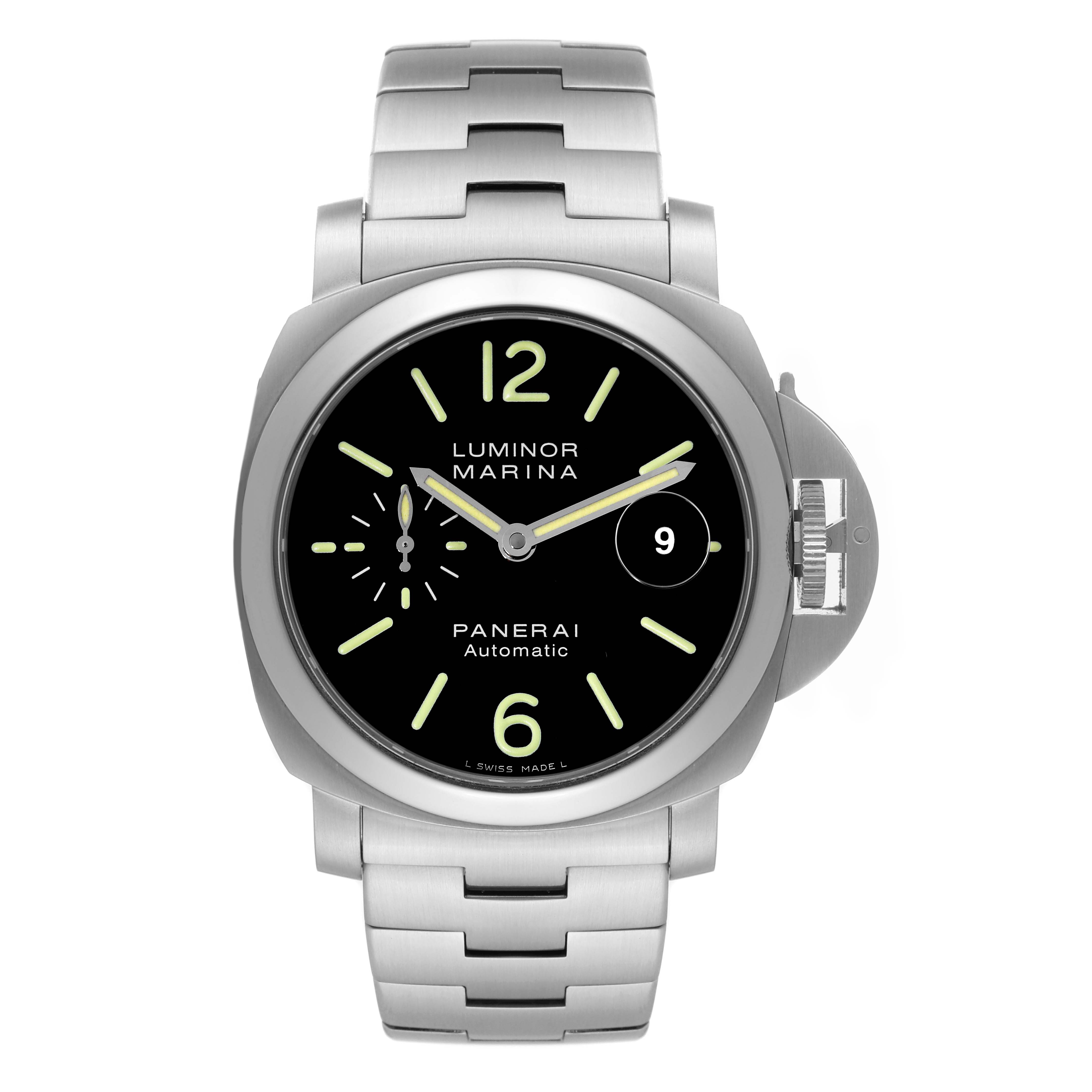 The image shows a front view of a Panerai Luminor PAM00299 Men
s Stainless Steel Black Dial PAM00299 Men
s Stainless Steel Black Dial watch, displaying its dial, bezel, and stainless steel bracelet.