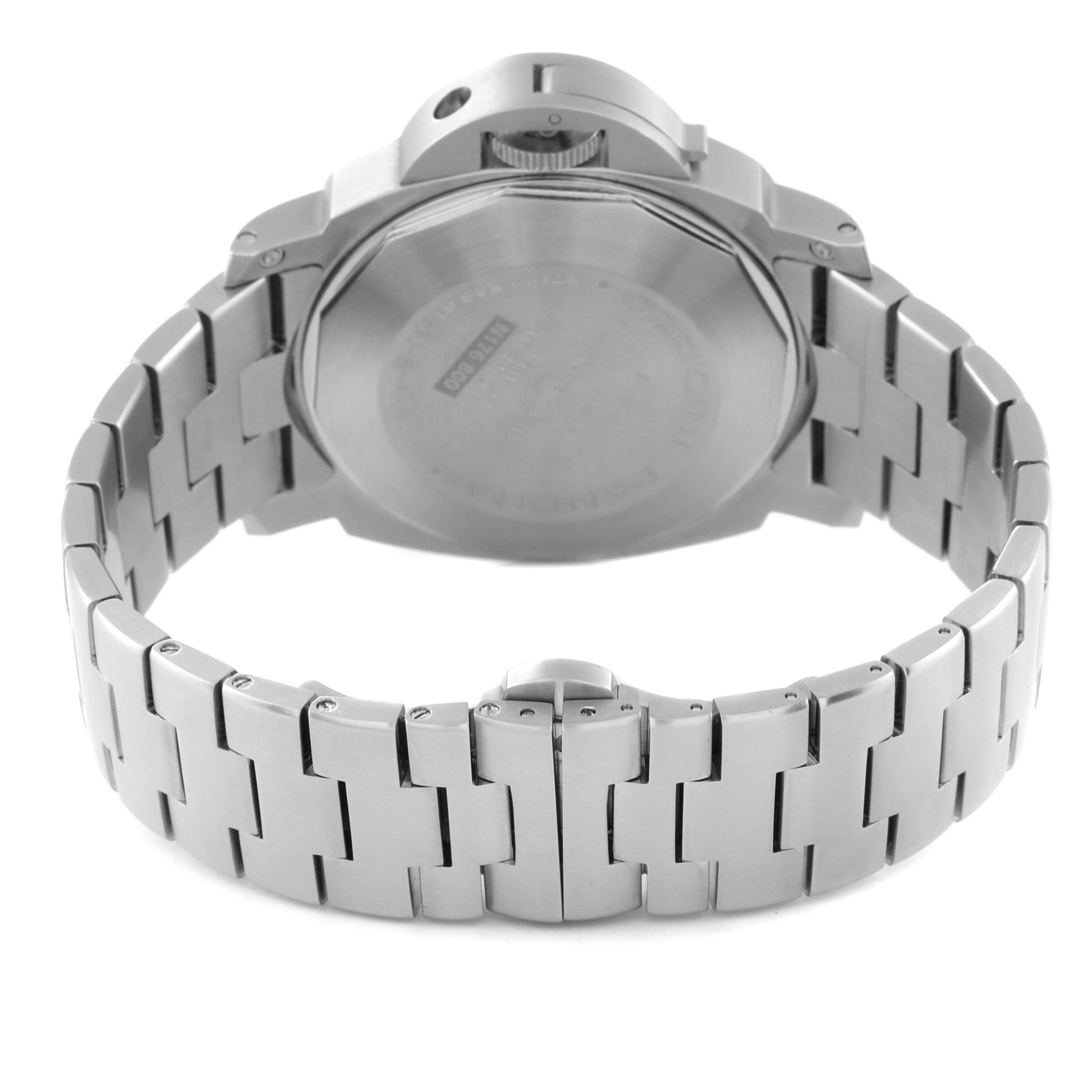 This image shows the back and bracelet of a Panerai Luminor PAM00299 Men
s Stainless Steel Black Dial PAM00299 Men
s Stainless Steel Black Dial model watch from a rear angle.