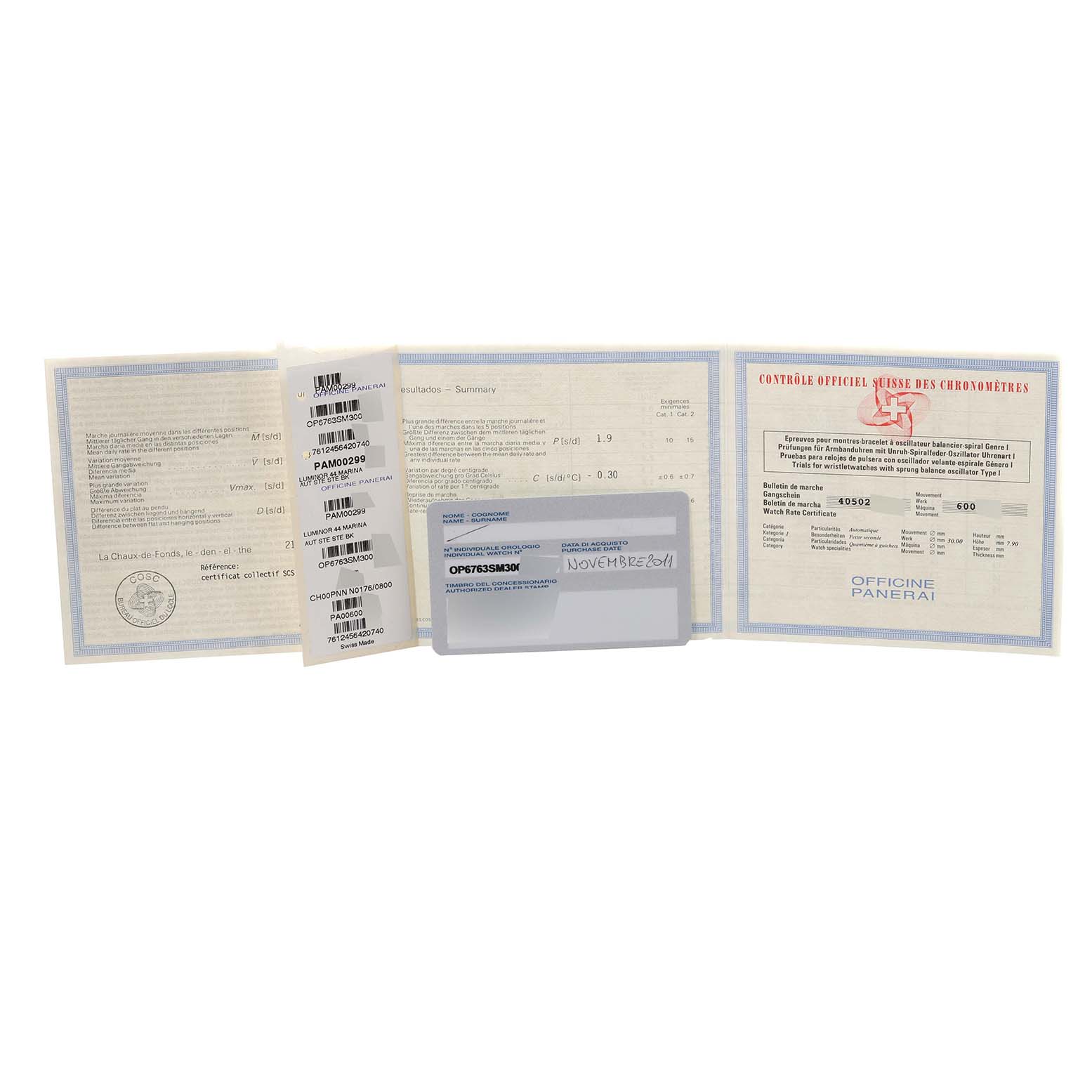 The image shows the paperwork and certification documents for the Luminor model by Panerai.