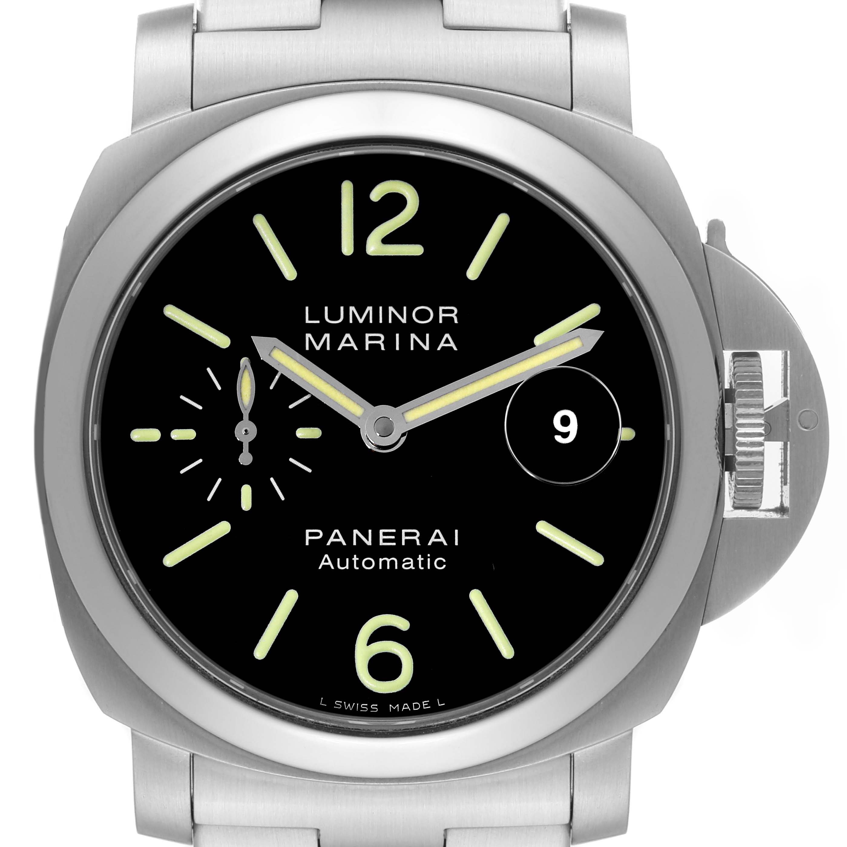 The image shows a front view of a Panerai Luminor PAM00299 Men
s Stainless Steel Black Dial PAM00299 Men
s Stainless Steel Black Dial Marina watch featuring its distinctive dial and crown protector.